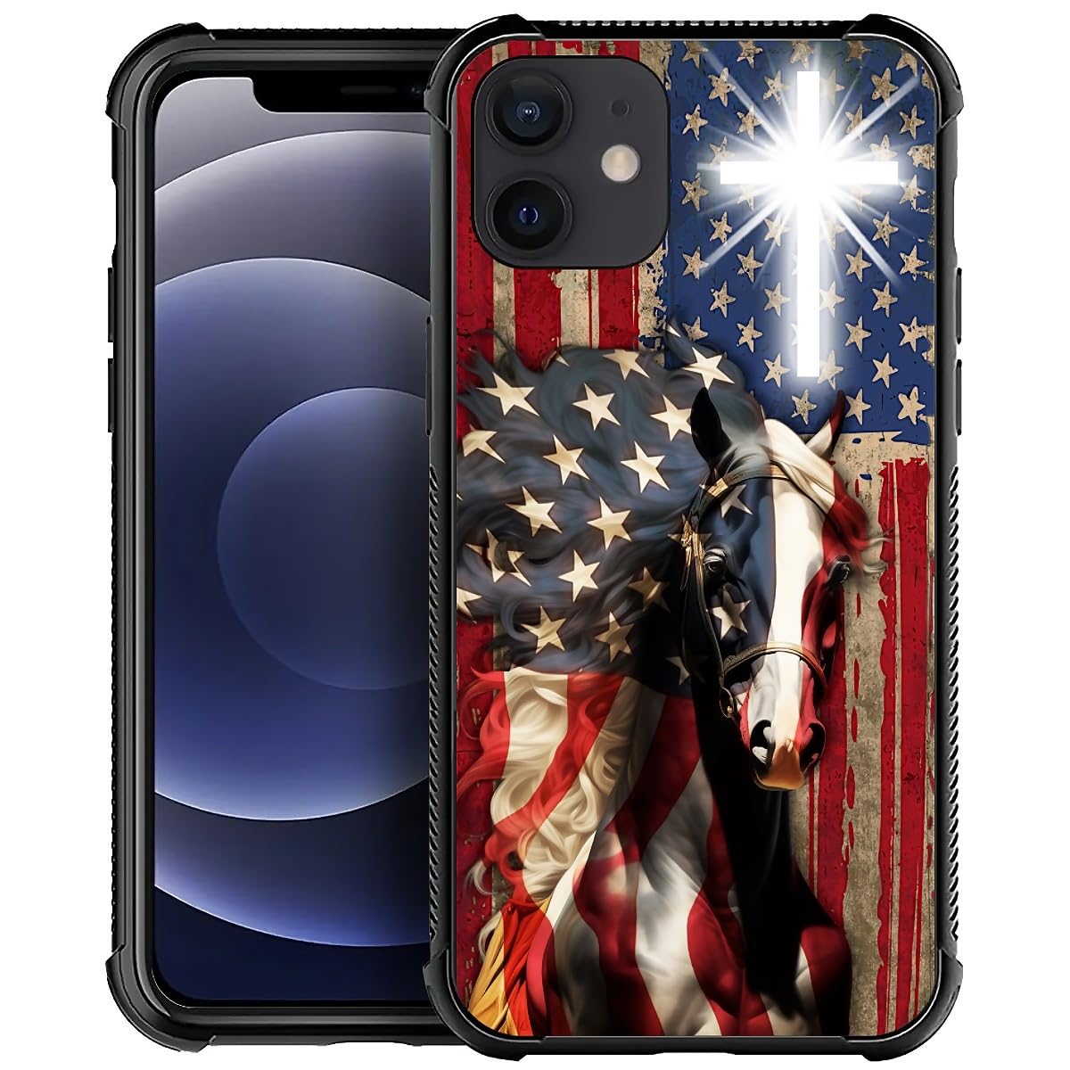 Fkbrcl4U For Iphone 11 Case, Red American Flag Horse Cross Pattern Graphic Design Girl Boy Soft Silicone Hard Acrylic Shock Prot
