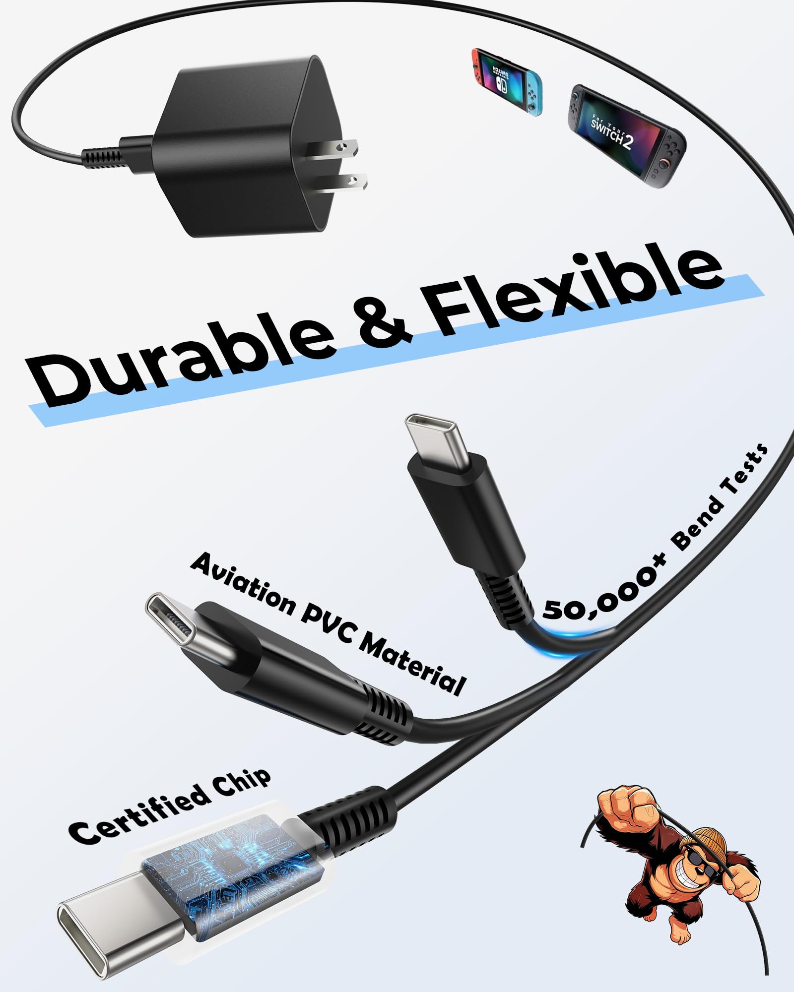 Antank 60W Switch 2 Charger, 20V 3A Pd Fast Charging Power Adapter For Nintendo Switch, Lite, Oled & Steam Deck, 4K Tv Dock Supp