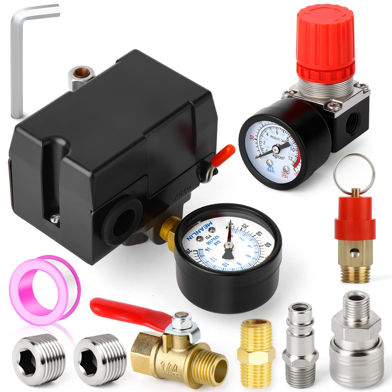 Meanlin Measure Air Compressor Pressure Switch Control Valve 95 125 Psi 110V 240V 4 Way Replacement Parts With 0 180 Psi Air Com