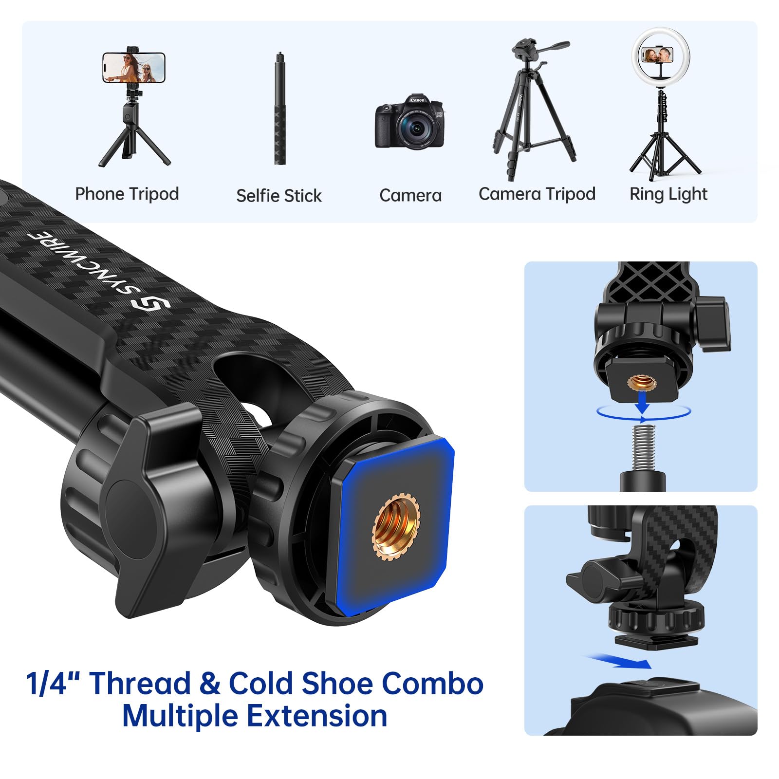 Syncwire Tripod Phone Mount, Universal Smartphone Mount Adapter With 2 Cold Shoe And 1/4'' Screw, 360 Rotates And 180 Tilts Adju