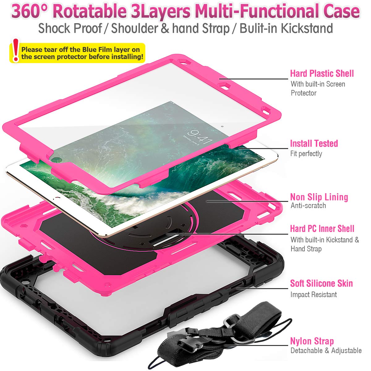 Seymac Stock Case For Ipad Air 3 2019 / Pro 10.5'' With Screen Protector Pen Holder [360 Rotate Hand Strap/Stand], Drop Proof Ca