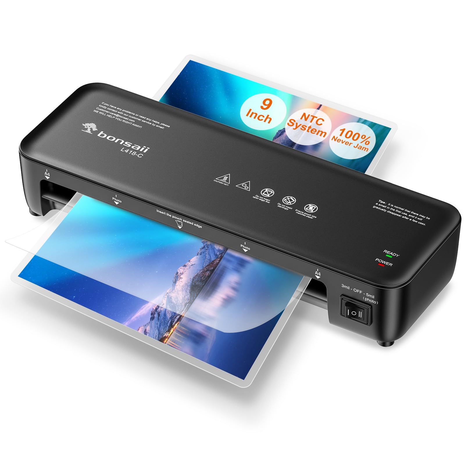 Bonsaii Laminator, 9 Inch Thermal Laminator Machine with Never Jam Technology for Doc/Posters/Photo, Personal Laminating Machine