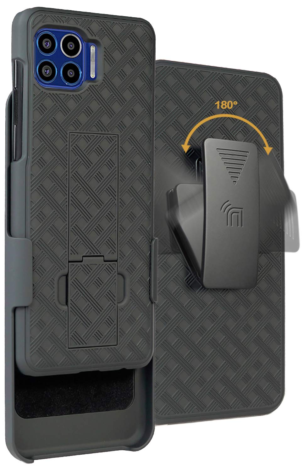 Case With Clip For Moto One 5G, Nakedcellphone [Black Tread] Kickstand Cover With [Rotating/Ratchet] Belt Hip Holster Combo For 