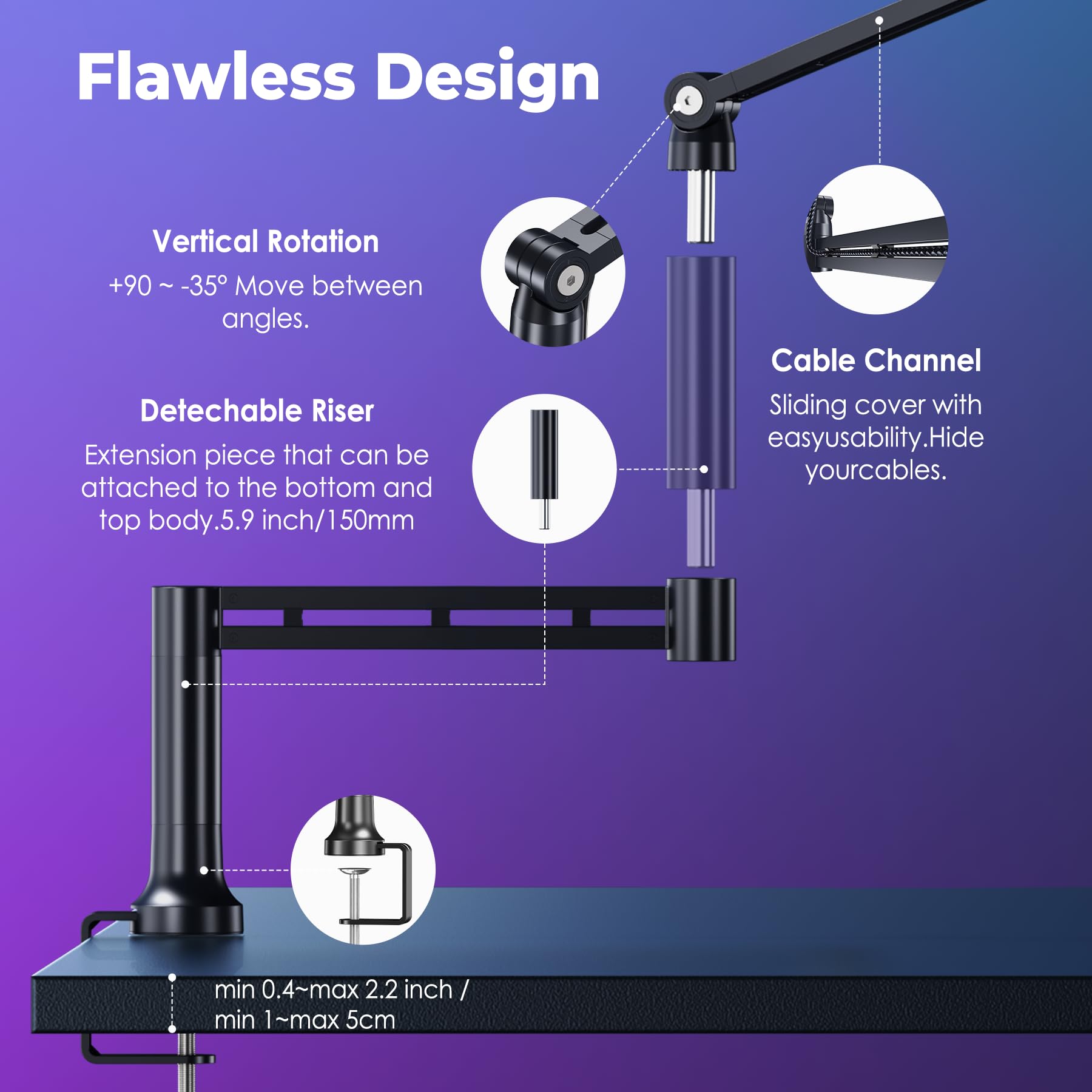 Creadream Mic Boom Arm, Low Profile Microphone Arm Stand Desk Mount With Screw Adapter, Phone Holder, Detachable Rise Column, Ca