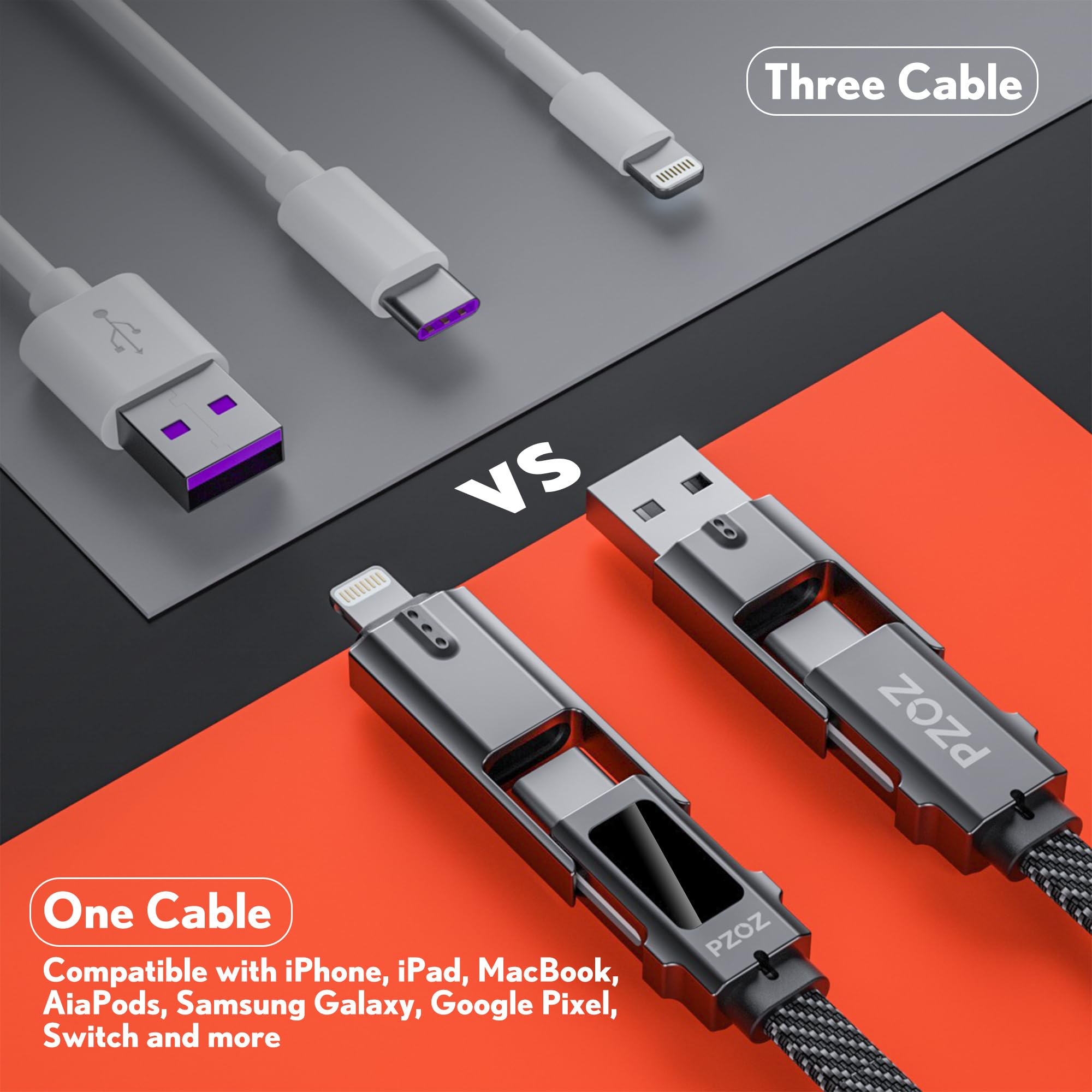 pzoz 4-in-1 USB C Fast Charging Cable with LED Display, 60W Multi-Port Charger, 5 ft