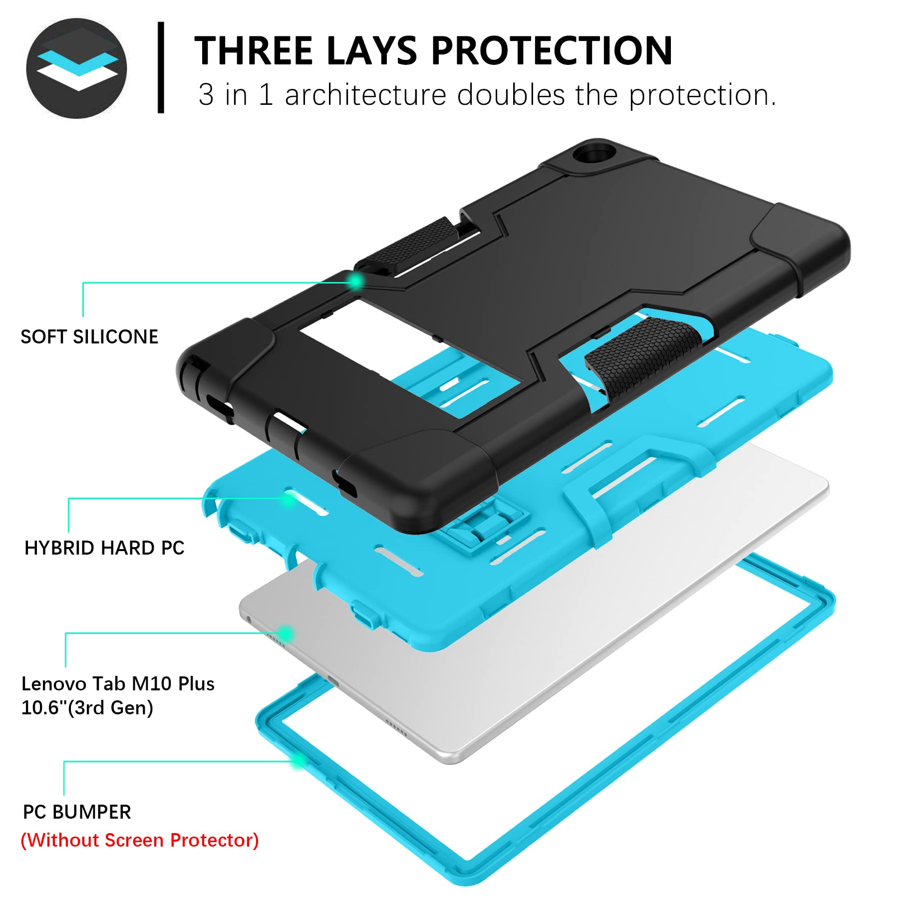 Guagua Compatible With Lenovo Tab M10 Plus 3Rd Gen Case 10.6 Inch 2022 Kickstand 3 In 1 Heavy Duty Rugged Bumper Shockproof Prot