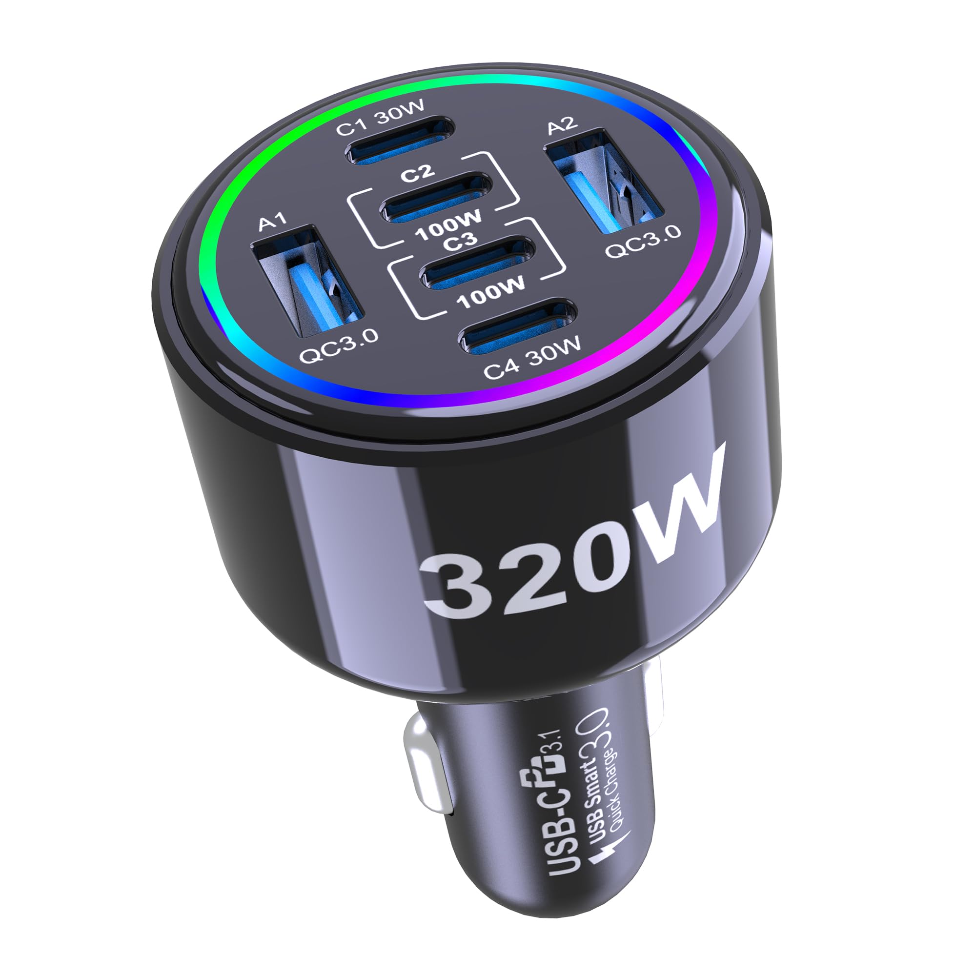 320W USB C Car Charger, 6 Ports Type C Car Charger, PD3.0/QC4.0/PPS Super Fast Charging for iPhone 17/16/15 Series, Galaxy S25/S