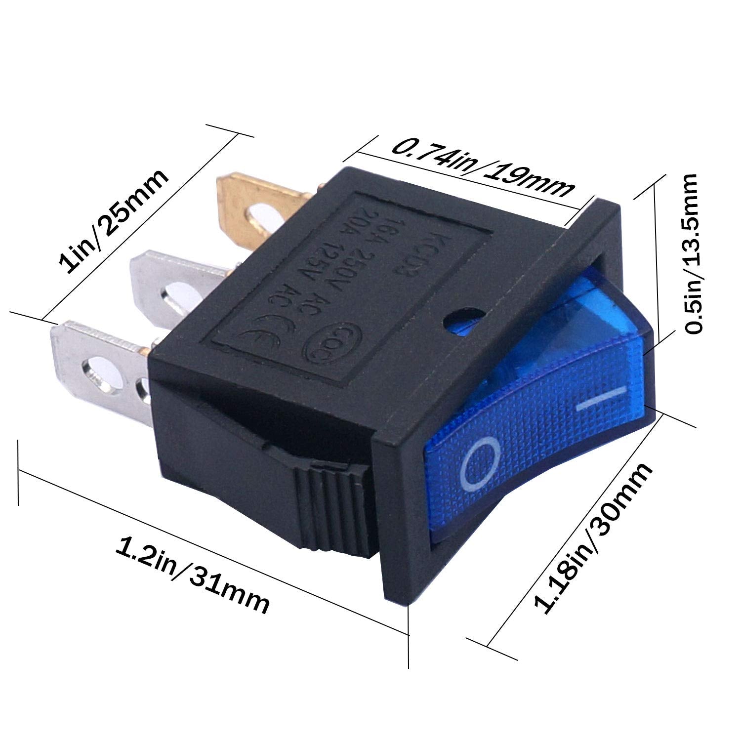 Twidec/5Pcs Rocker Switch Toggle Ac 20A/125V 15A/250V Spst 3 Pins 2 Position On/Off Blue Led Light Illuminated Boat Switch Kcd3