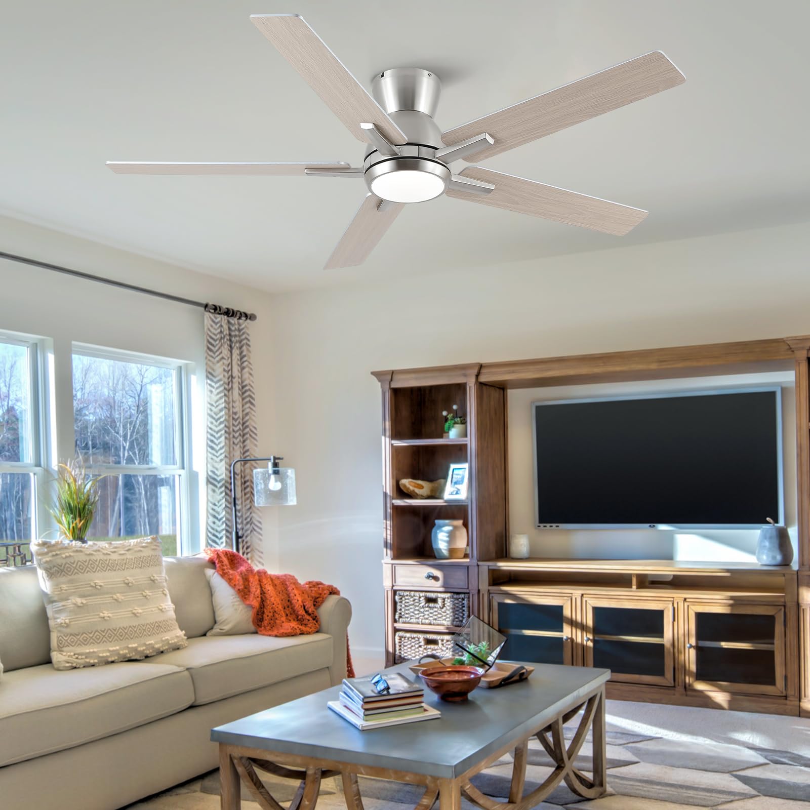 52 Inch Ceiling Fans With Lights,Brushed Nickel Low Profile Ceiling Fan With Light And Remote Control,Flush Mount,6 Speed Revers