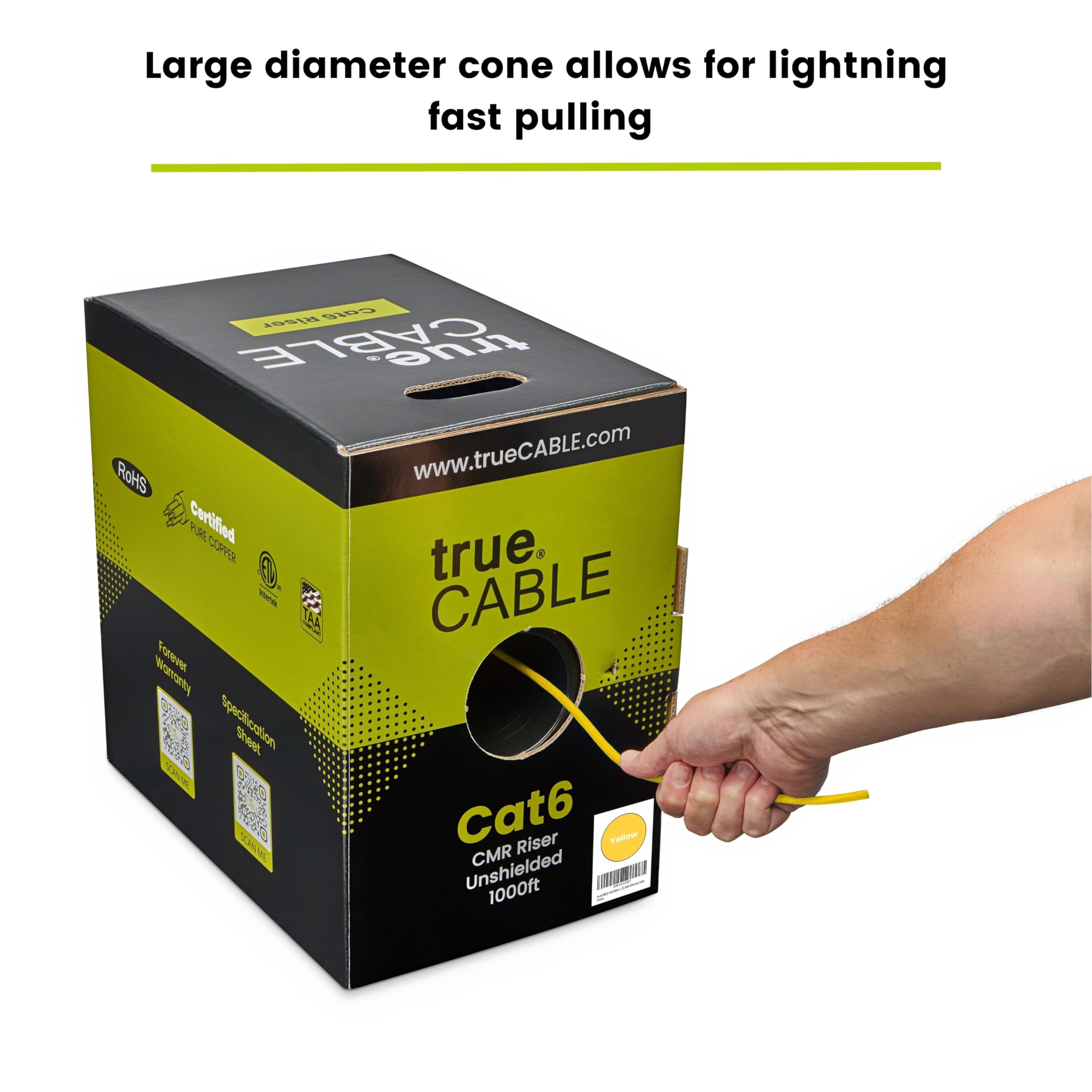 Truecable Cat6 Riser (Cmr), 1000Ft, Yellow, 23Awg 4 Pair Solid Bare Copper, 550Mhz, Poe++ (4Ppoe), Etl Listed, Unshielded Twisted Pair (Utp), Bulk Ethernet Cable