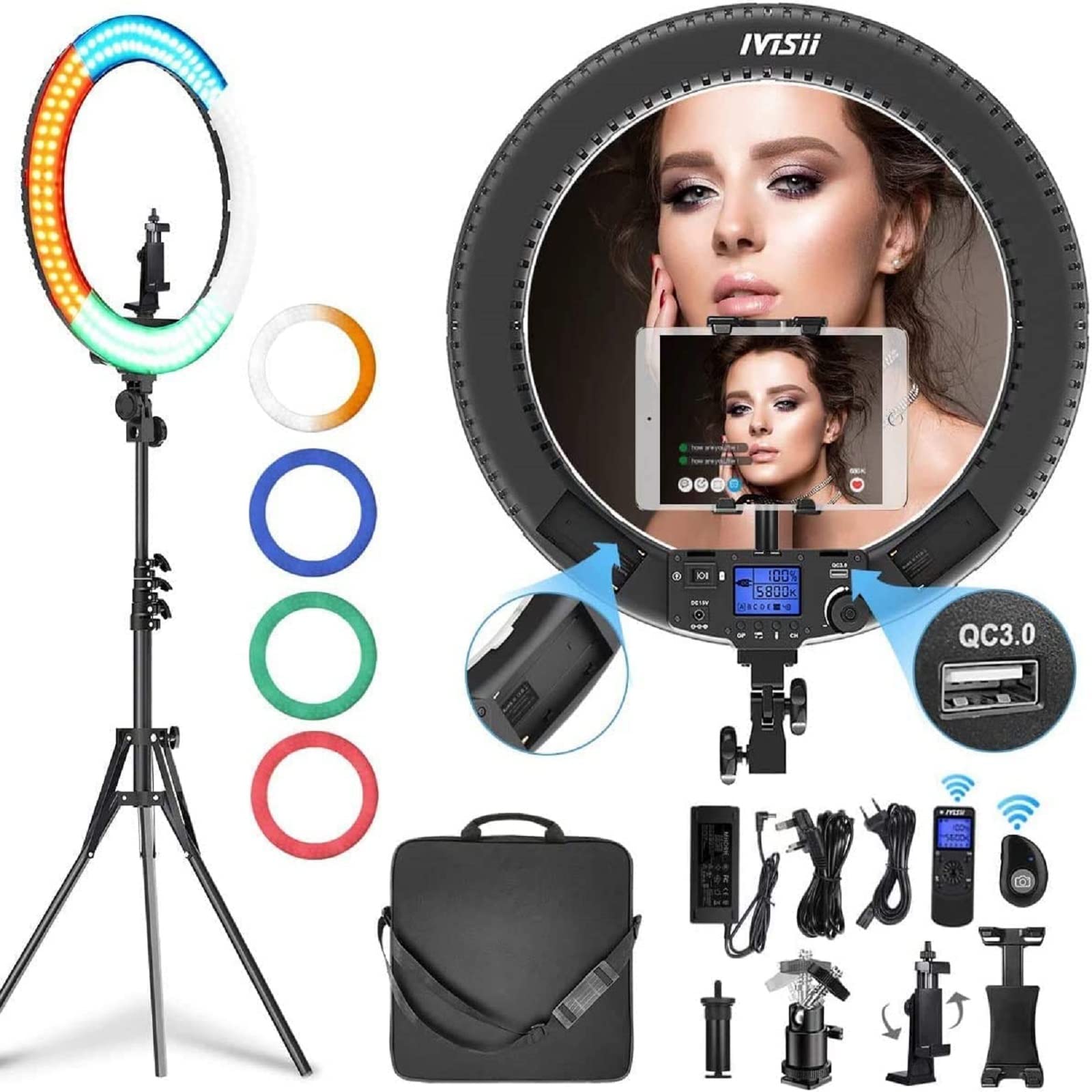 Ivisii 19 Inch Ring Light With Remote Controller And Stand Ipad Holder,60W Bi Color With 4 Color Soft Filters For Live Stream/Ma