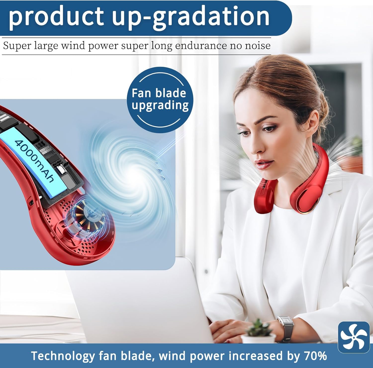 Asnug Portable Neck Fan, Bladeless Neck Fan, Usb Rechargeable Personal Fan, 4000 Mah Battery Operated Neck Fan, 3 Speeds Adjusta