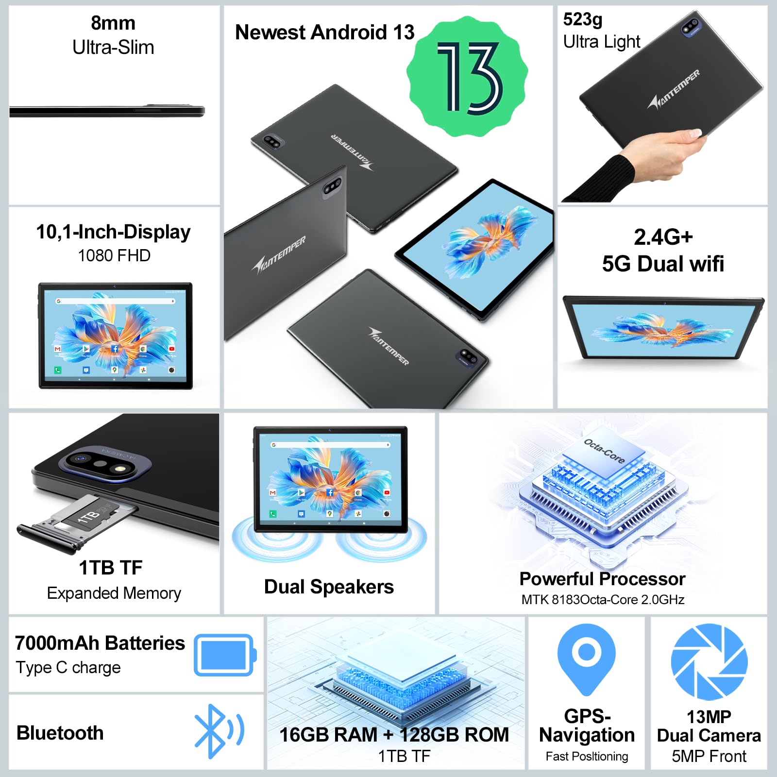 2024 Newest Android 13 Tablets 10 Inch, 5G Wifi Tablet Mit 16Gb Ram+128Gb Rom(1Tb Tf),2 In 1 Tablet With Keyboard Mouse Pen Octa