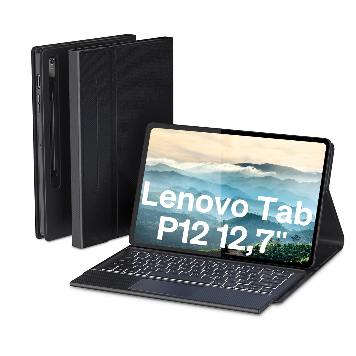Doohowcase Backlit Keyboard Case Touch For Lenovo Tab P12 12.7'' 2023 (Zach0177Us), Bluetooth Keyboard With Trackpad & Twill Cov