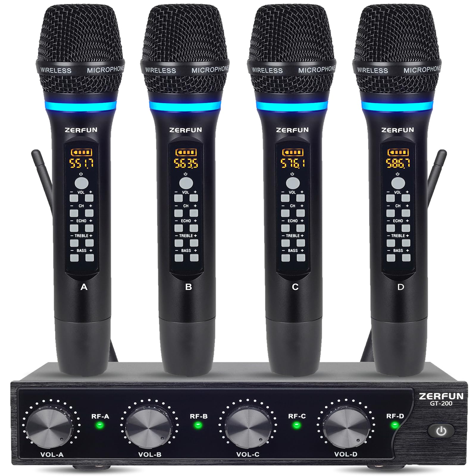 Zerfun 4 Channel Rechargeable Wireless Microphone System, Pro Uhf Metal Handheld Wireless Microphones Cordless Mics With Echo Tr
