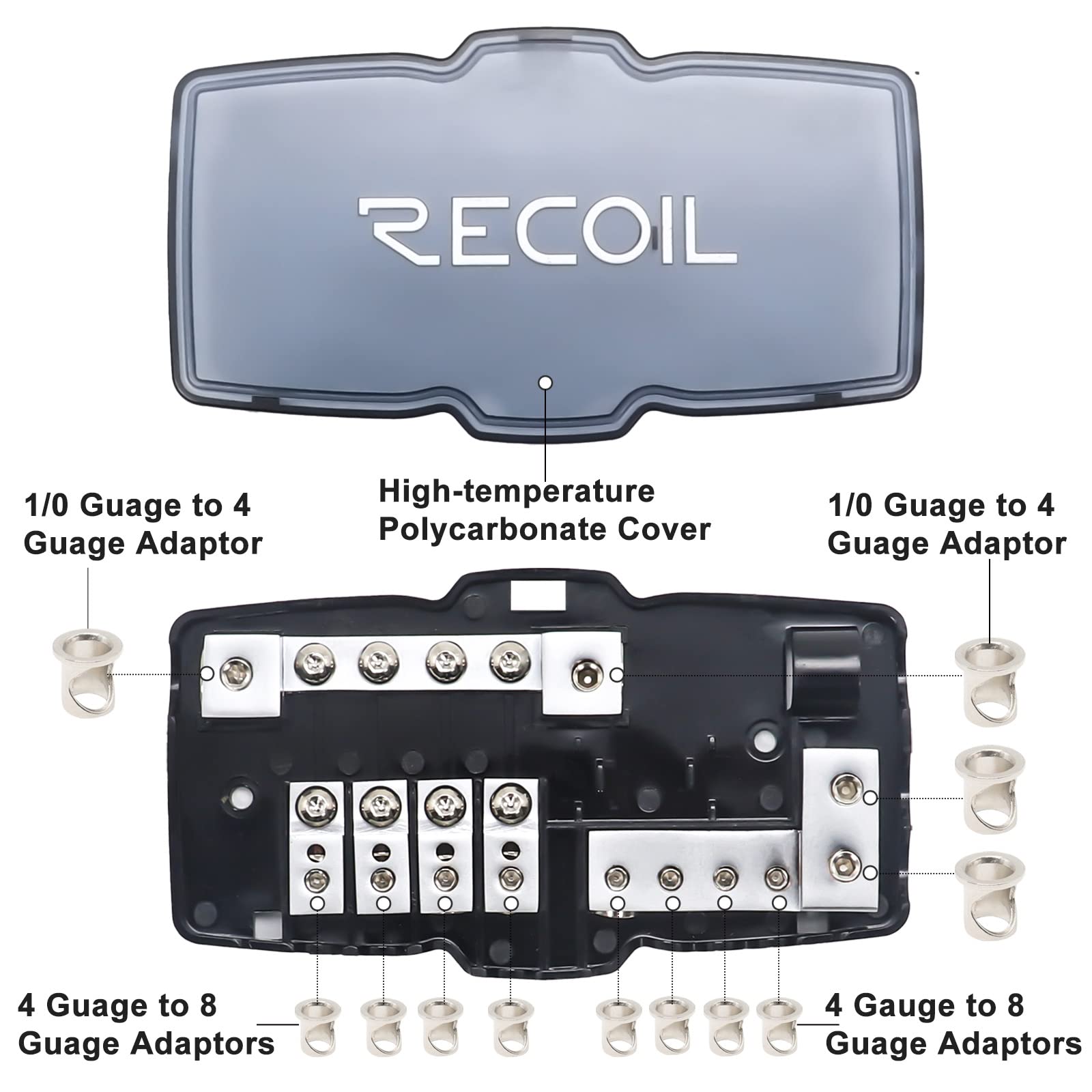Recoil Mpg4 4 Way Mini Anl Fused Distribution Block With Ground Block, Each Positive And Negative Block With 2X 0/2/4 Gauge Inpu