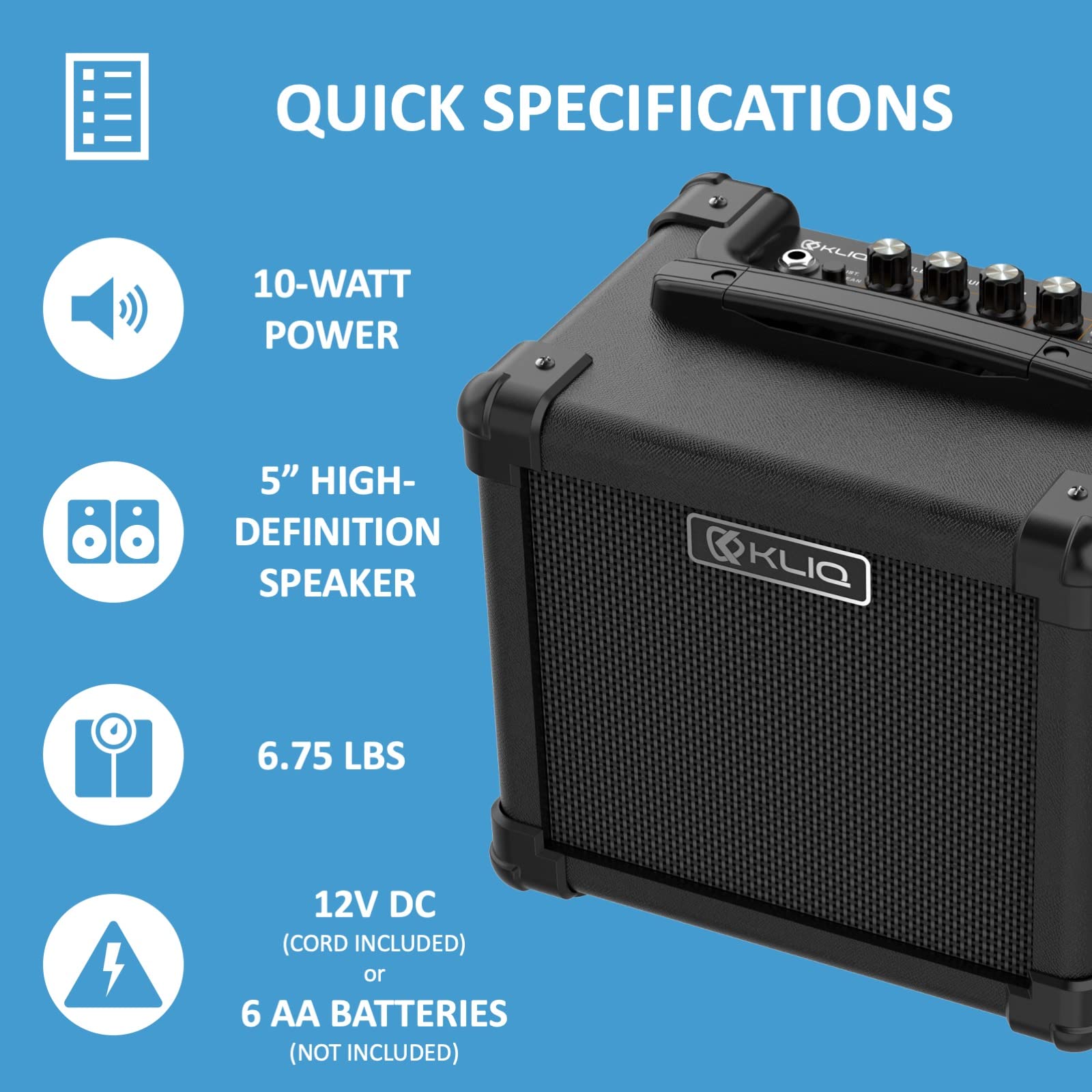 Kliq Sonus Dual Powered Mini Electric Guitar Amp With 5 Inch (10W) High Definition Speaker (Controls For Volume, Bass, Treble, D