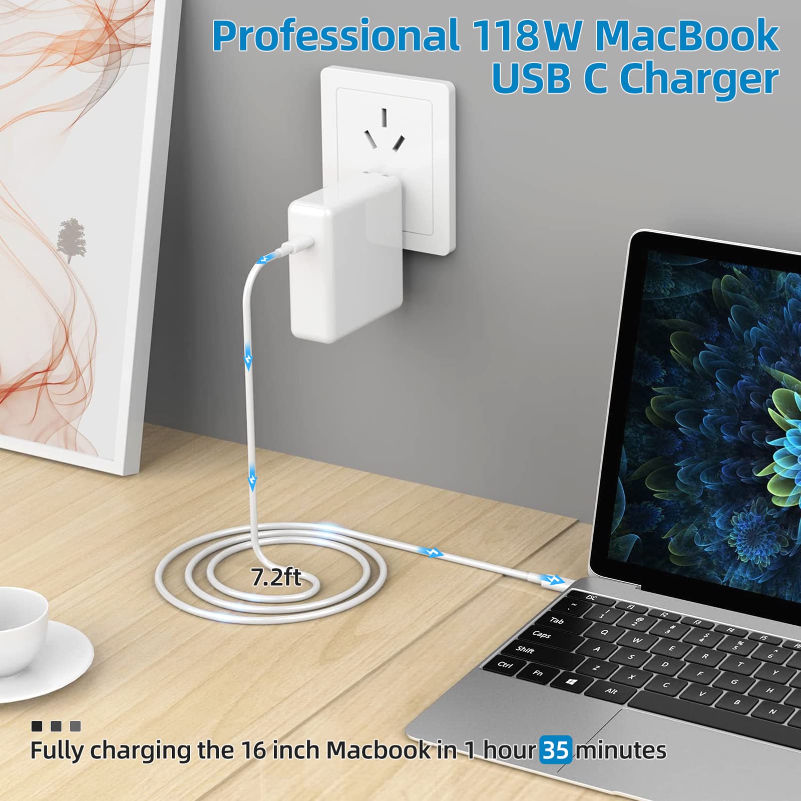 Mac Book Pro Charger   118W Usb C Charger Fast Charger For Macbook Air, Ipad Pro, Samsung Galaxy And All Usb C Devices, 7.2Ft Us