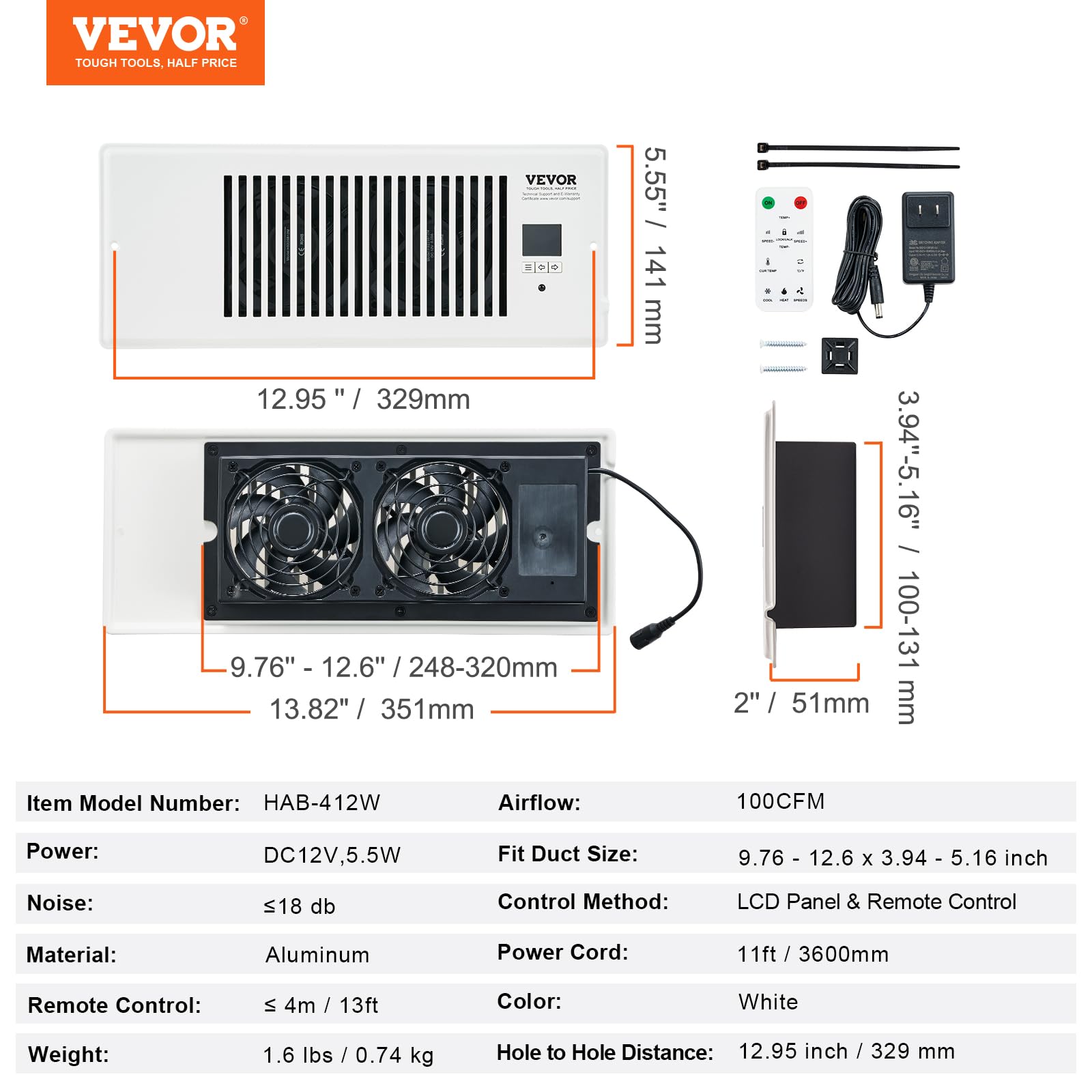 Vevor Register Booster Fan, Quiet Vent Booster Fan Fits 4    X 12    Register Holes, With Remote Control And Thermostat Control,