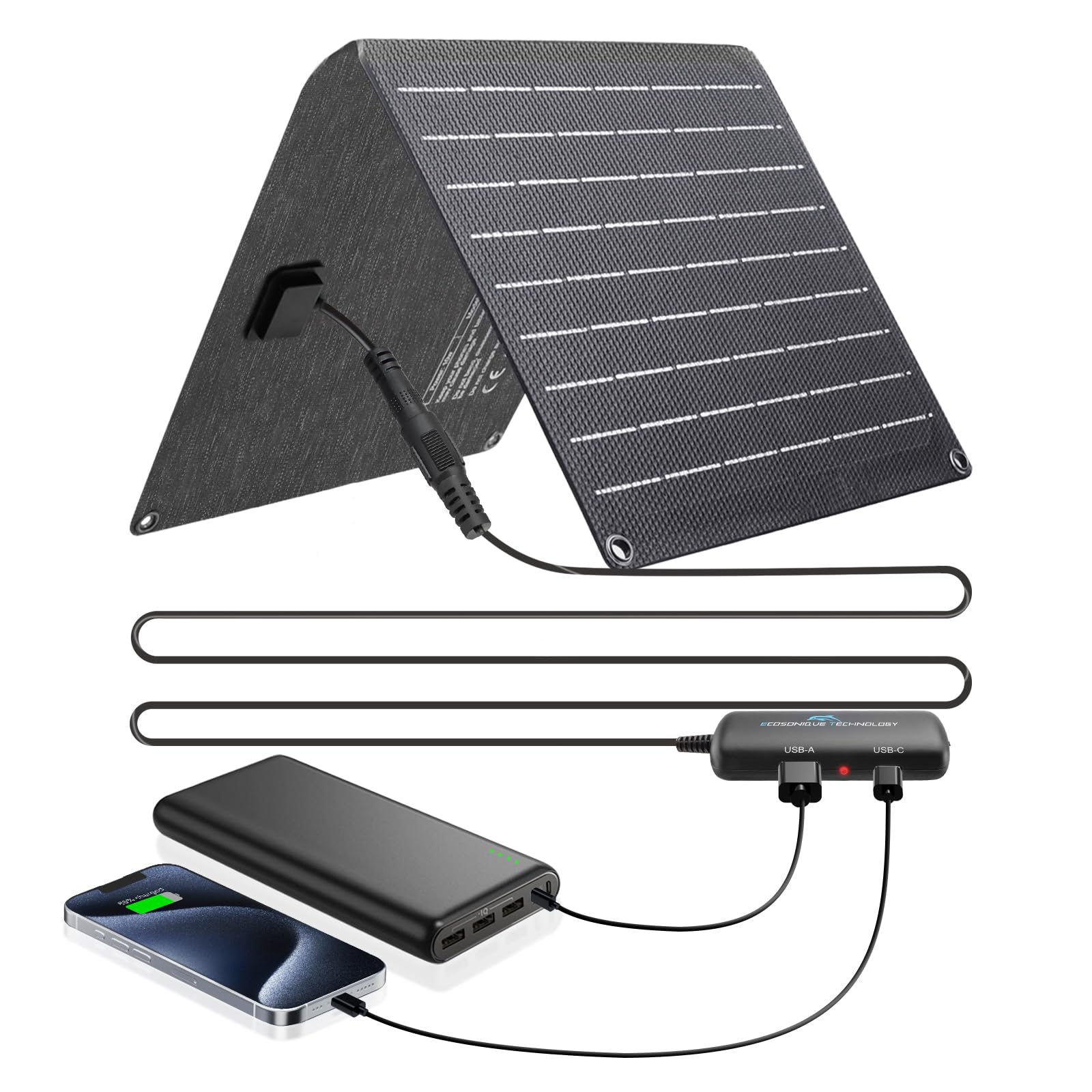 Ecosonique 10W/15W/30W/60W Portable Solar Panel Charger, IP67 Waterproof ETFE USB Solar Phone Charger with Detachable Power Hub,