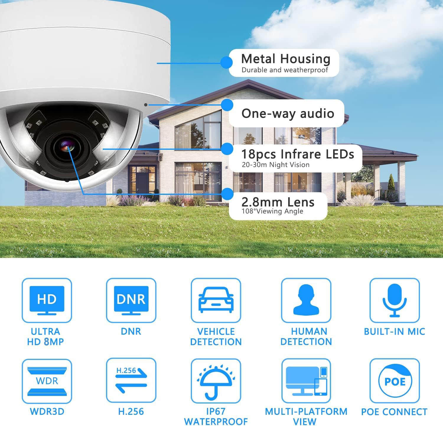 Real Hd 4K 8Mp Poe Ip Vandal Dome Poe Ip Camera Outdoor, 2.8Mm Wide Angle 108 Fov, 98Ft Night Vision, H.265, Compatible With Hik