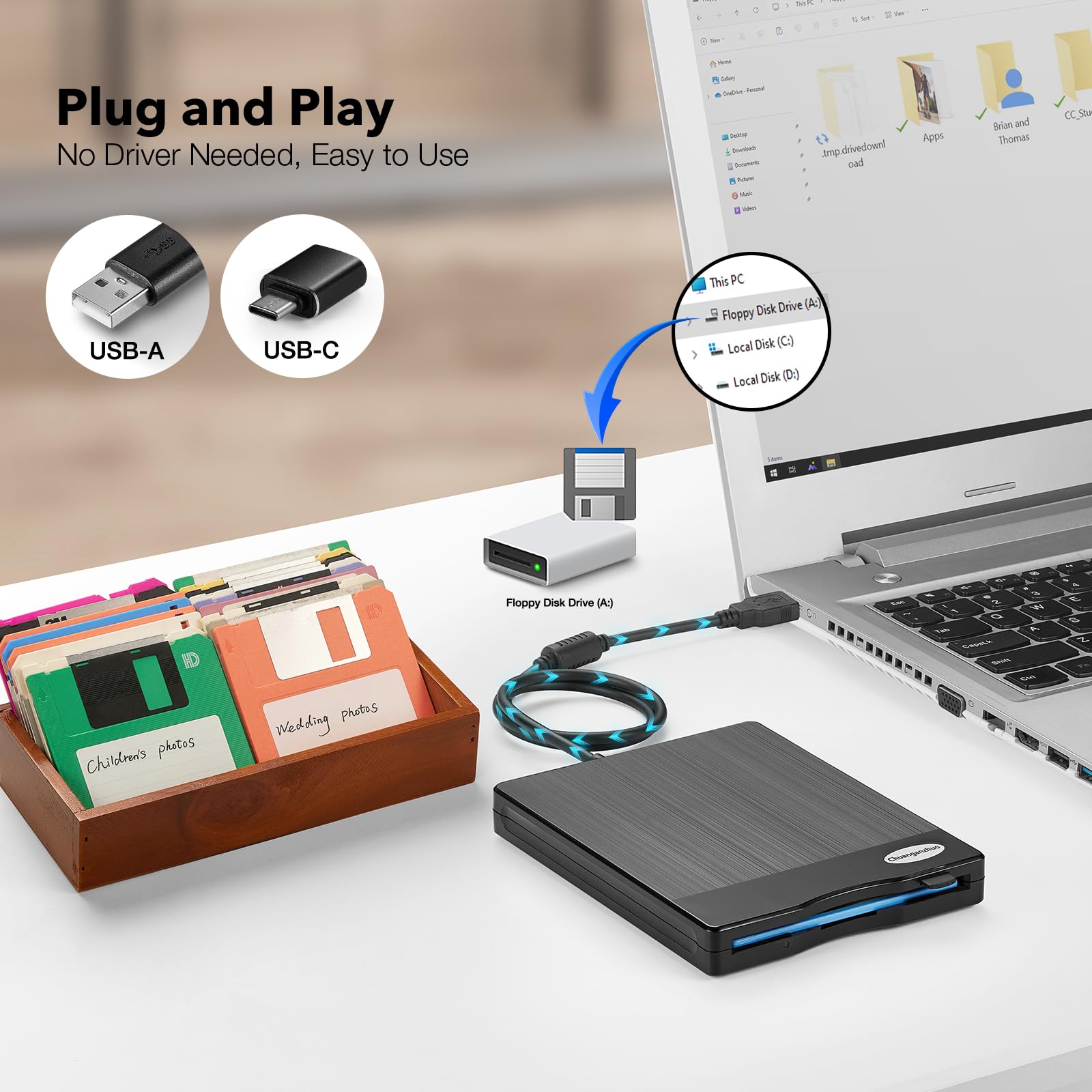 Chuanganzhuo 3.5 inch External USB A & C Floppy Disk Reader Drive PC Laptop Brushed Texture Black