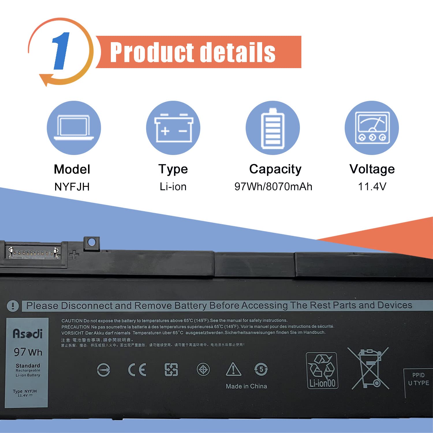 Asodi Nyfjh 97Wh 6 Cell Laptop Battery Replacement For Dell Precision 7530 7730 7540 7740 P74F P34E Series 0Nyfjh 0Wmrc Gw0K9 0N