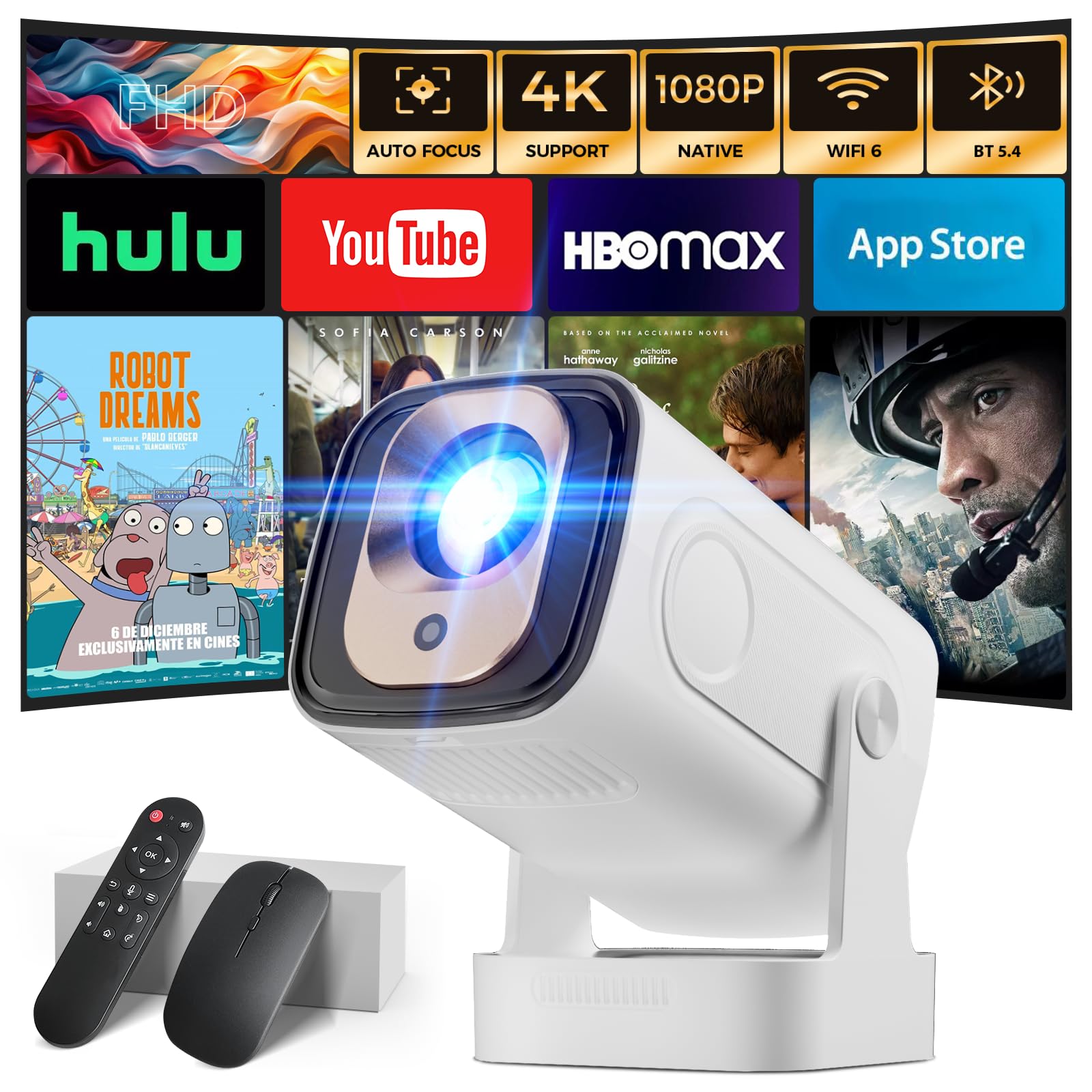 Projector [Auto Focus & 1080P Native & Bulit-in Apps] Projector 4K Support Auto Correction WiFi 6 Bluetooth 5.4 Mini Portable Pr