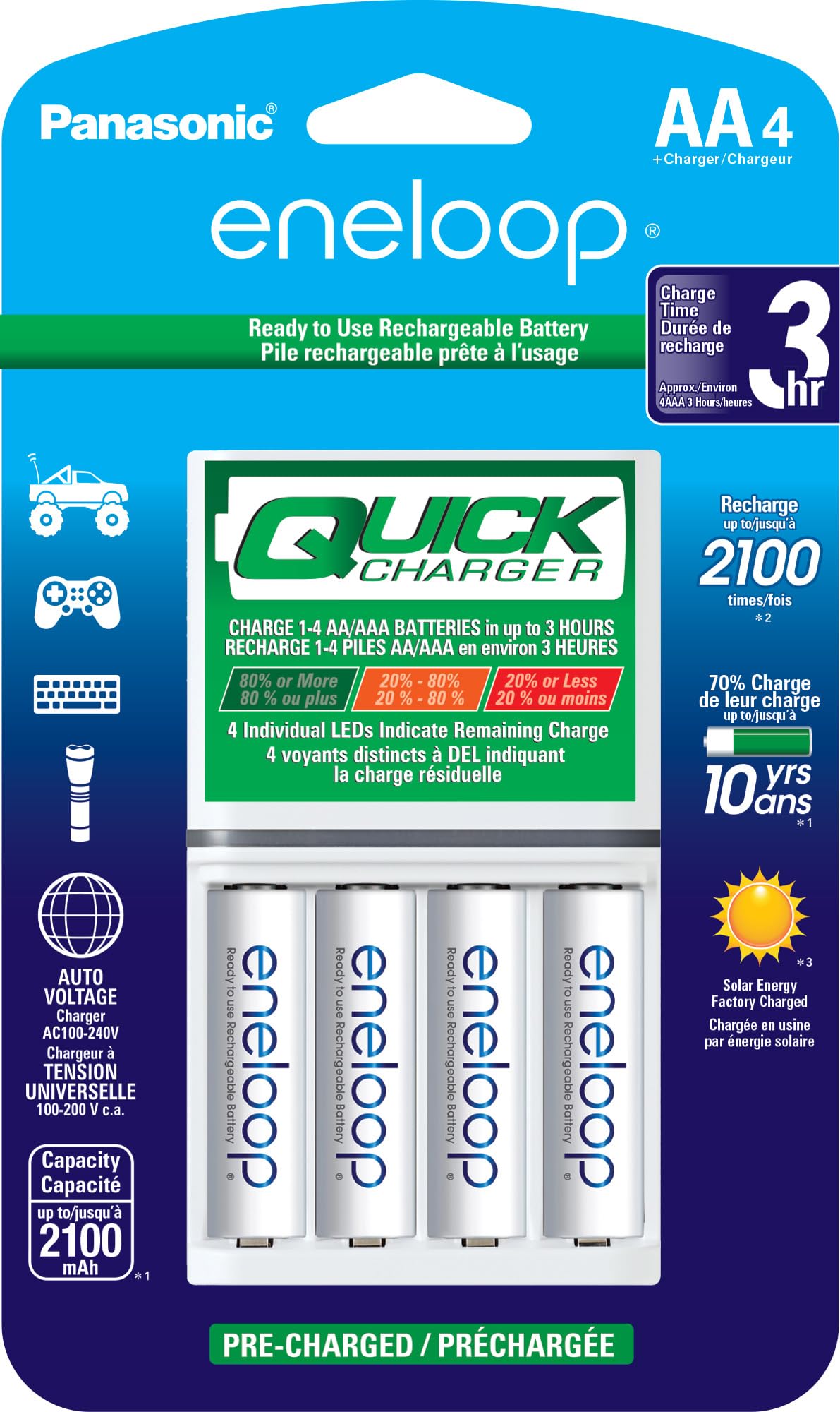 Eneloop Panasonic K-KJ55MCA4BA Advanced Individual Battery 3 Hour Quick Charger with 4 AA Rechargeable Batteries, White