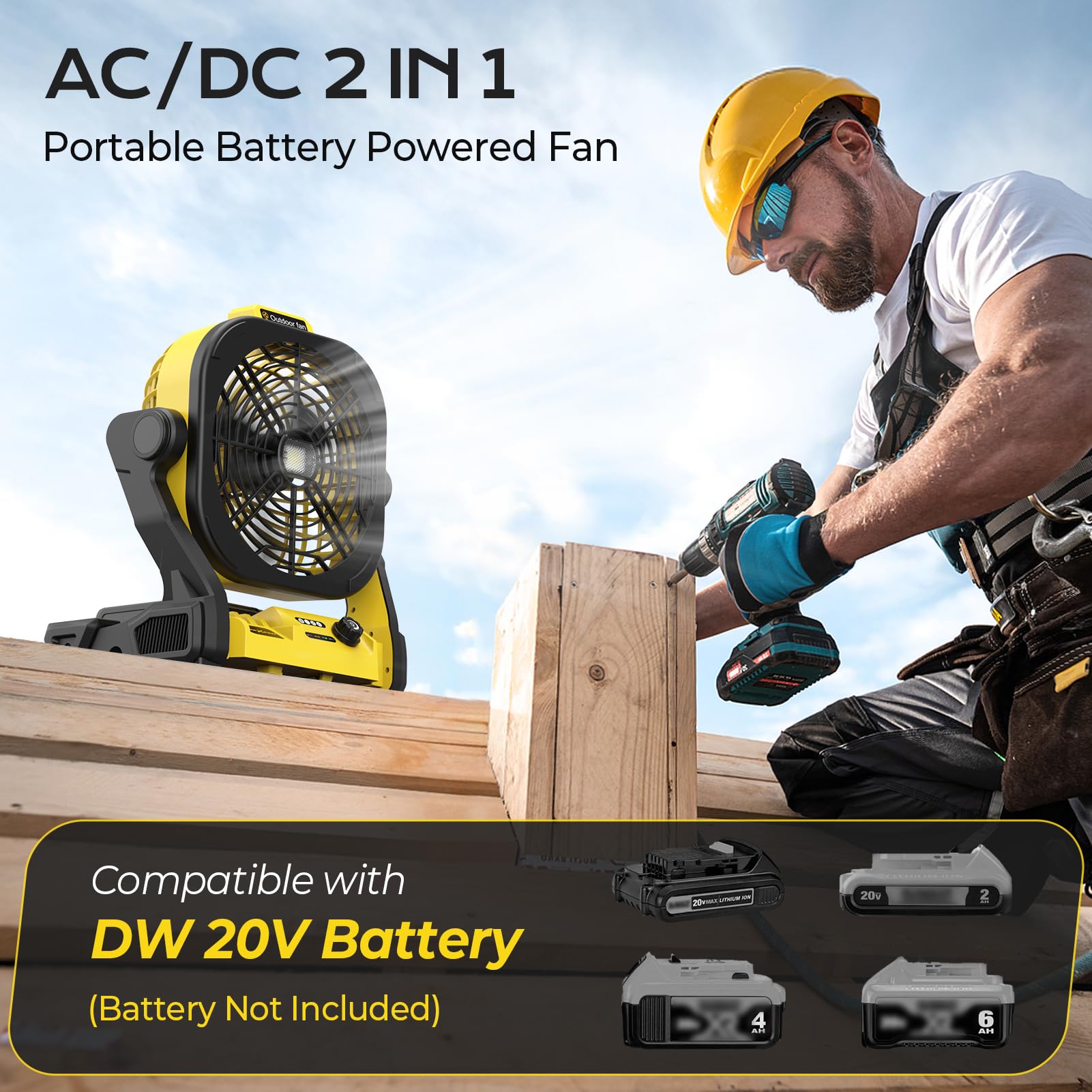 Trexeen Battery Operated Fan For Dw 20V Max Battery, Portable Fan With Ac Adapter & Led Lights, 4 Speeds & Hook, Cordless/Campin