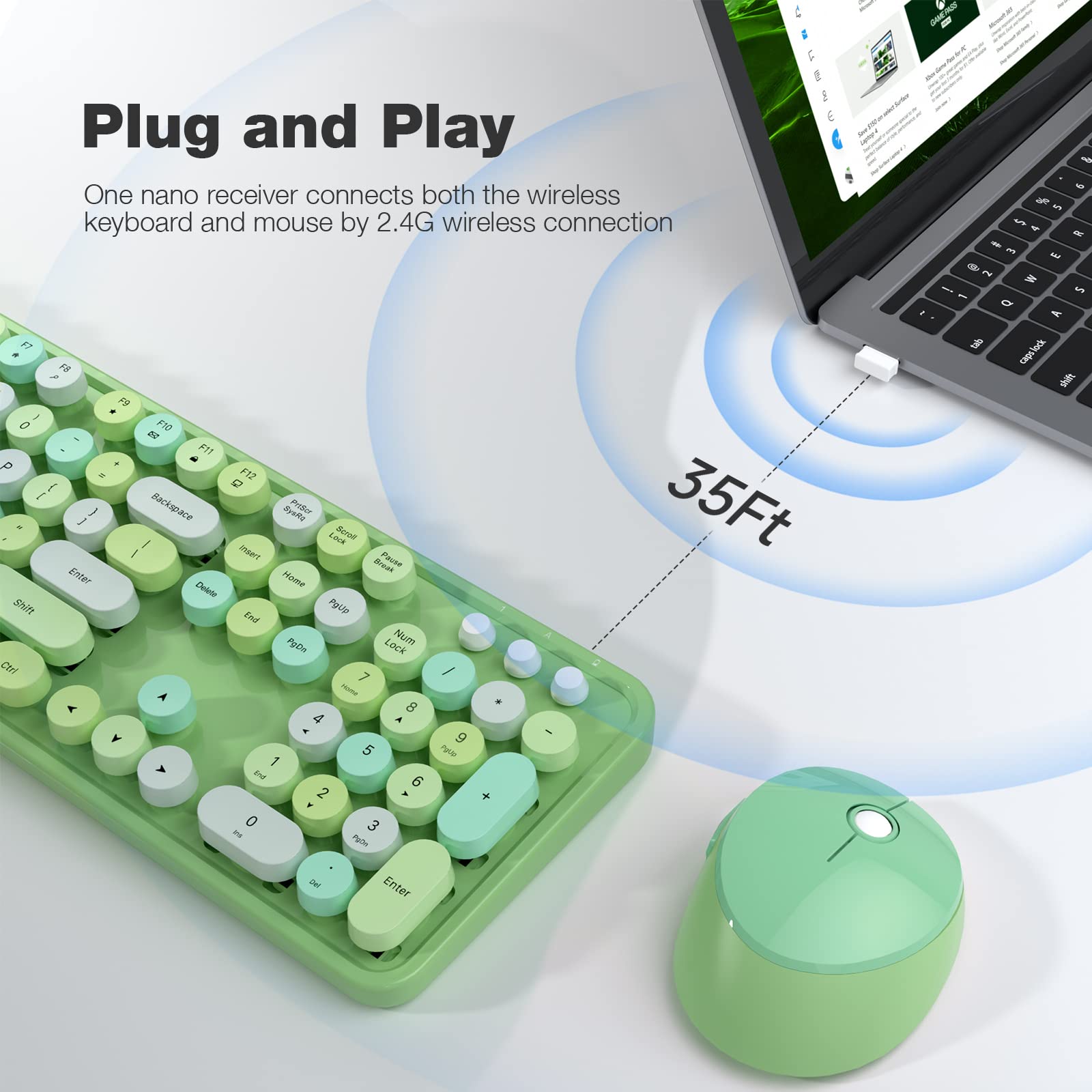 Knowsqt Wireless Keyboard And Mouse Combo, Green 104 Keys Full Sized 2.4 Ghz Round Keycap Colorful Keyboards, Usb Receiver Plug