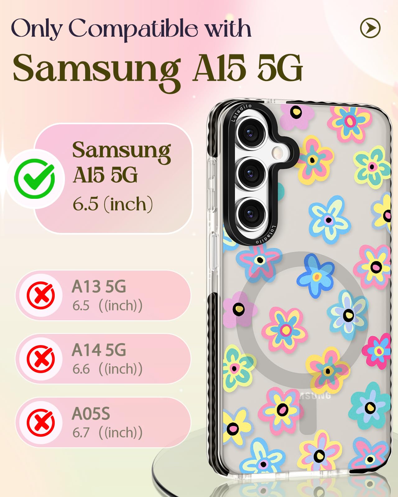 Lotadilo For Samsung Galaxy A15 5G Case For Women - Girls Cute Design Compatible With Magsafe Magnetic Ring Holder Stand Spring