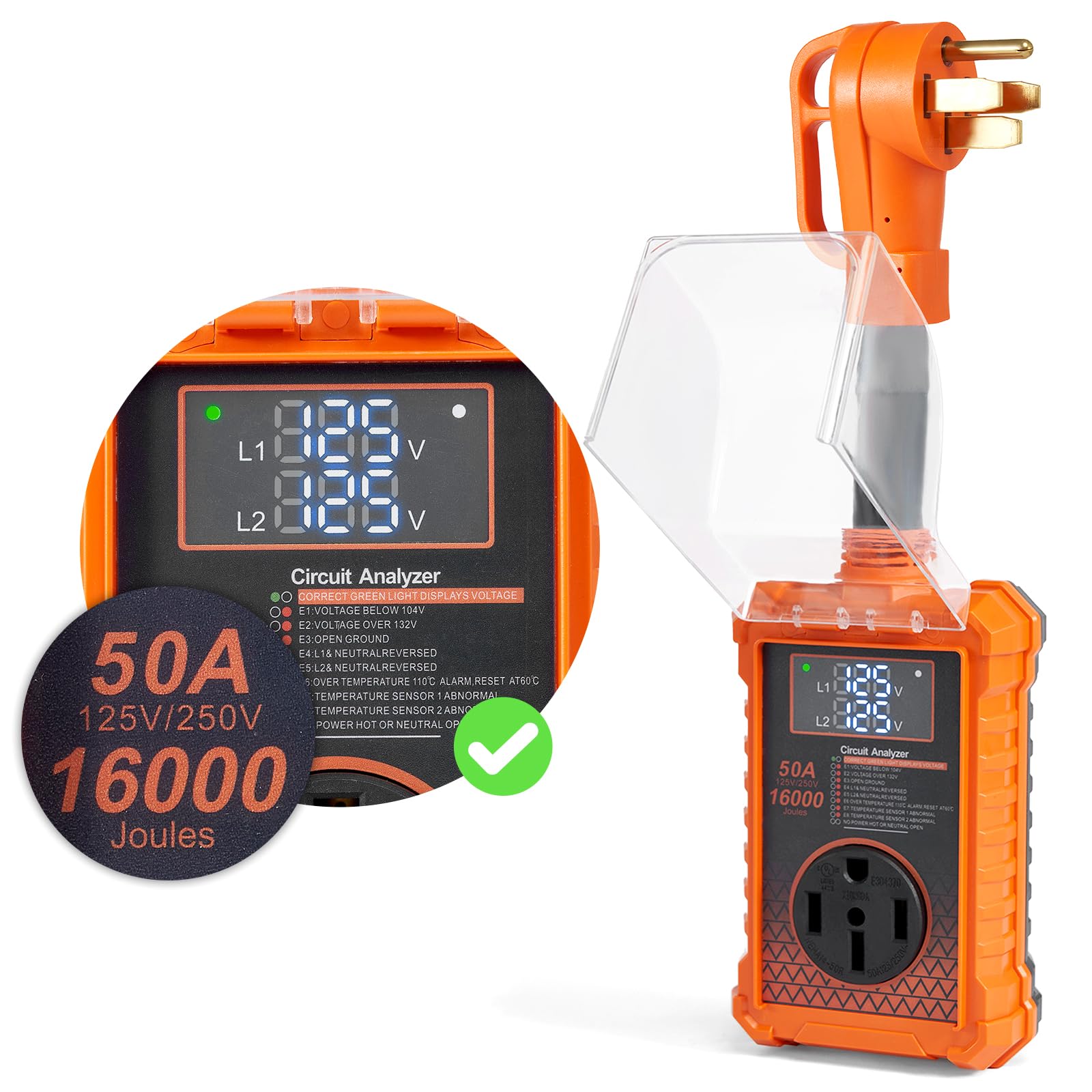 Krevz 16000 J Rv Surge Protector 50 Amp, Upgraded Dual Monitor Display Rv Power Surge Protector With Safety Certification, High/