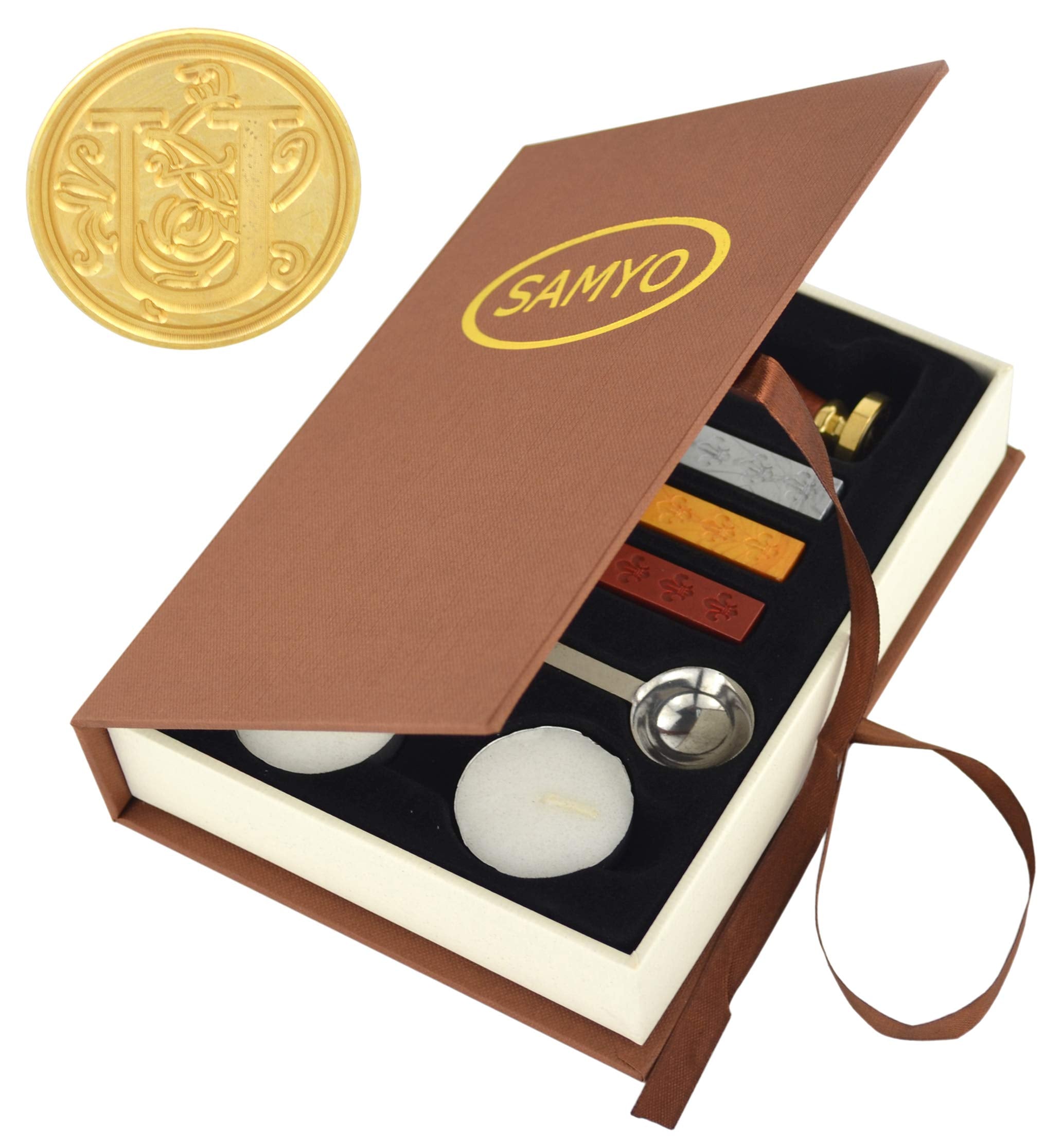 Samyo Wax Seal Stamp Kit Retro Creative Sealing Wax Stamp Maker Gift Box Set Brass Color Head With Vintage Classic Alphabet Init