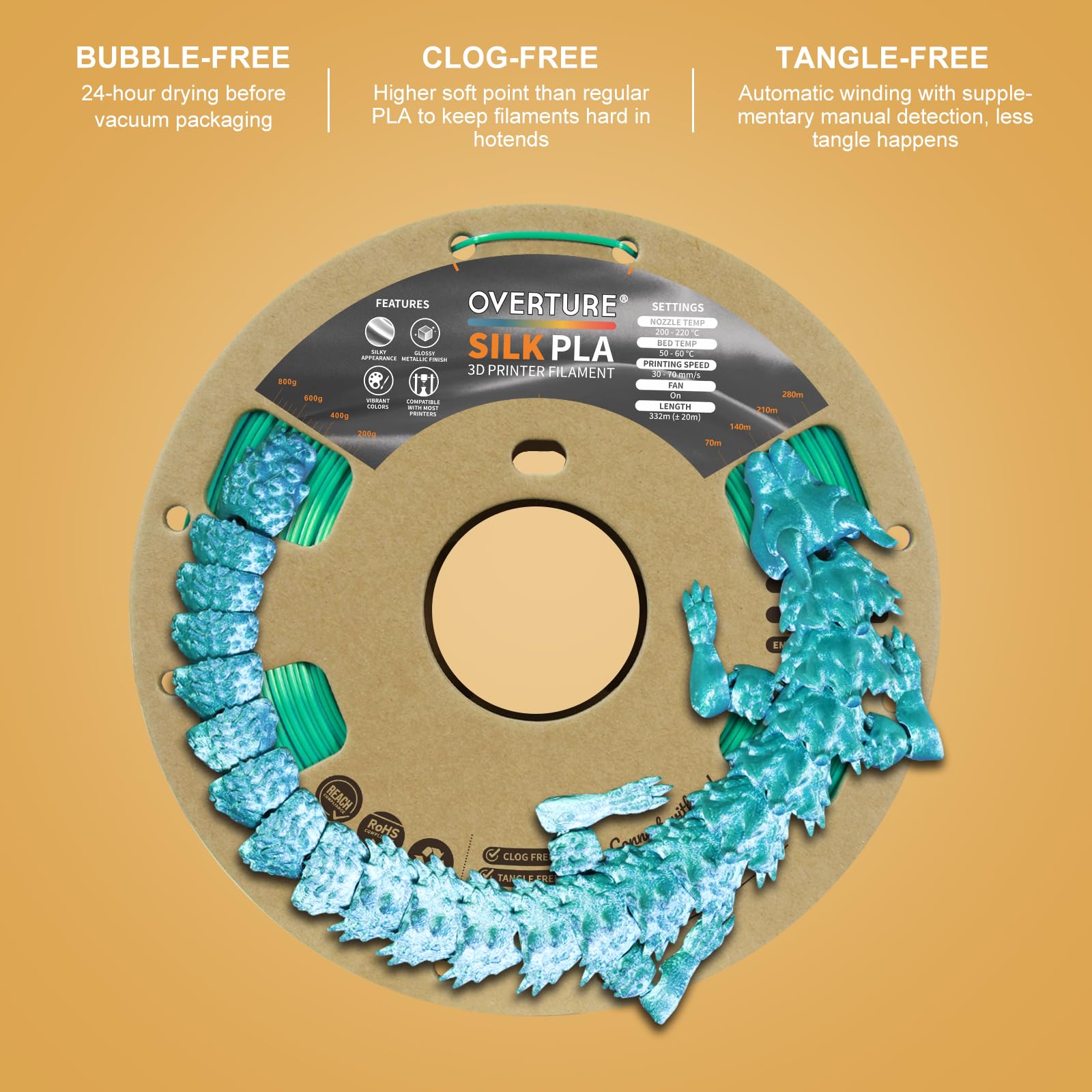 Overture Silk Pla 1.75Mm Dual Color Filament, Clog Free Shiny 3D Printer Filament, 1Kg Spool(2.2Lbs), Dimensional Accuracy +/  0
