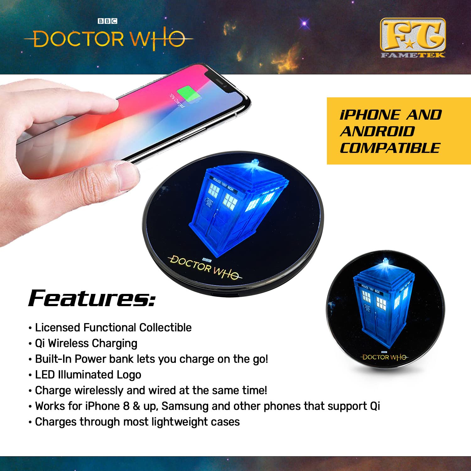 Doctor Who Tardis Illuminating Wireless Charger With Built-In Backup Battery Pack For Wired Usb And Wireless Charging. Portable