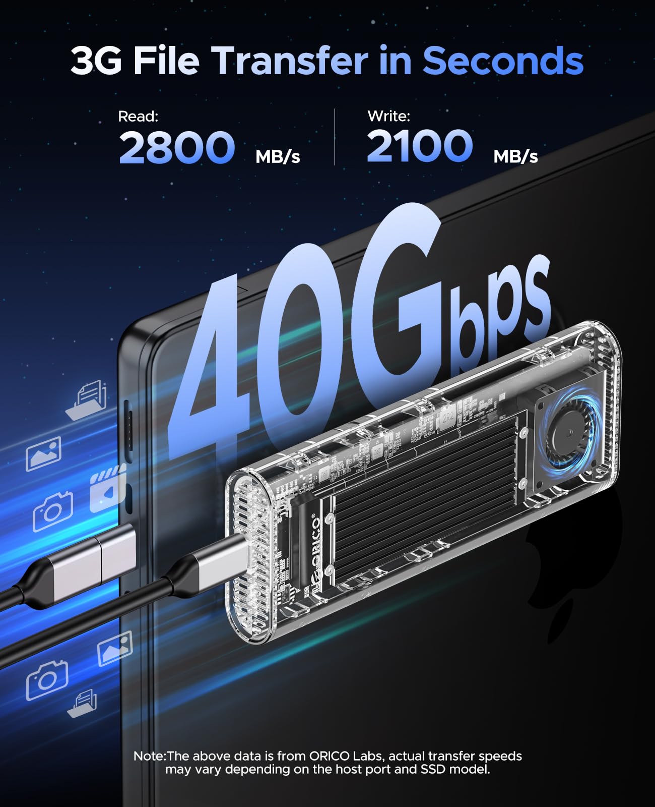 ORICO 40Gbps M.2 NVMe SSD Enclosure with Built in Cooling Fan, Tool Free External Hard Drive Enclosure, Support 2230 2242 2260 2280(M Key), Compatible with Thunderbolt 3/4 USB4/3.2/3.1/3.0/2.0 TCM2U4