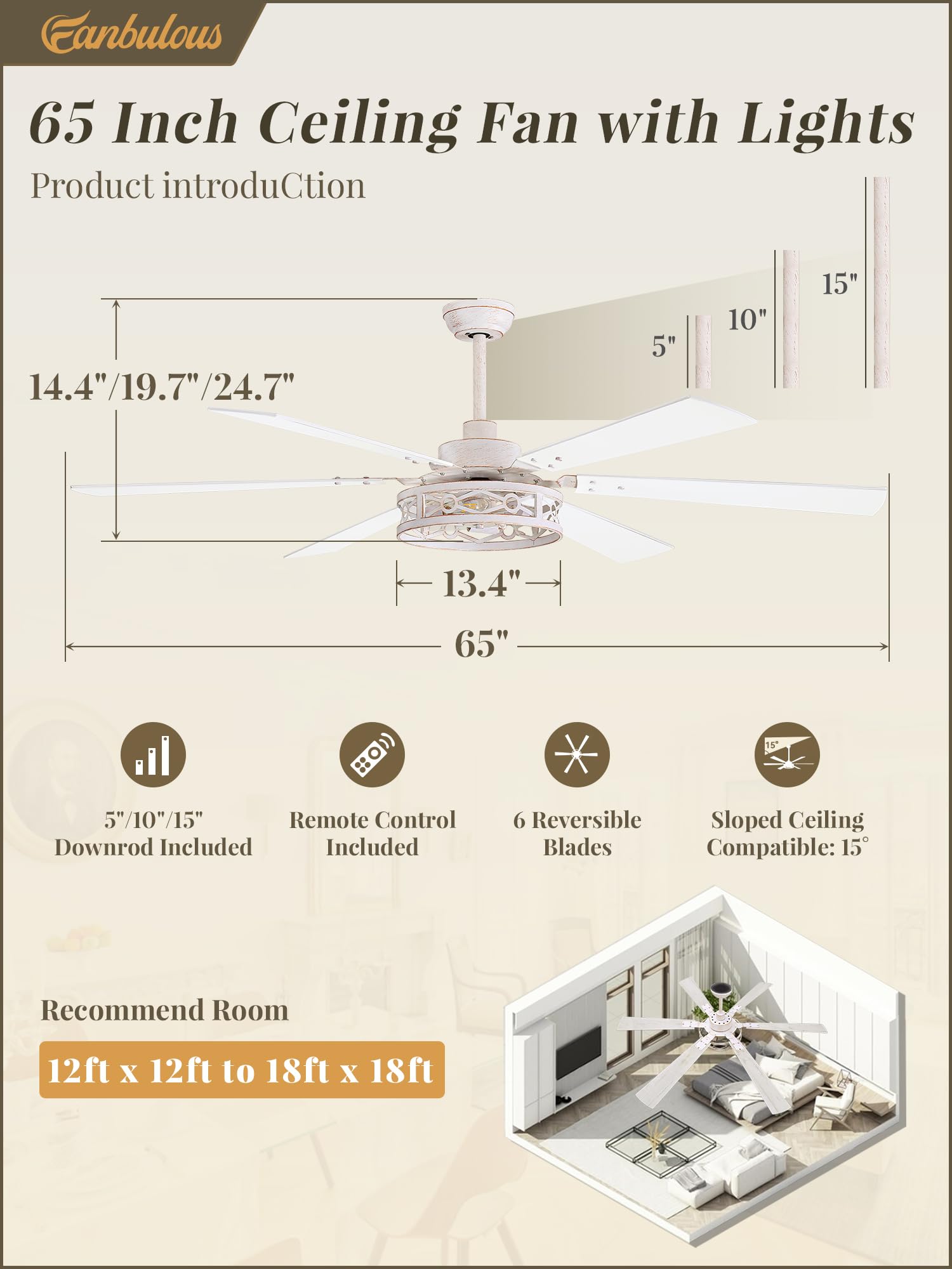 Fanbulous 65 Inch Ceiling Fan With Lights, Farmhouse Caged Ceiling Fans With Remote, White Industrial Ceiling Fans With Quiet Re