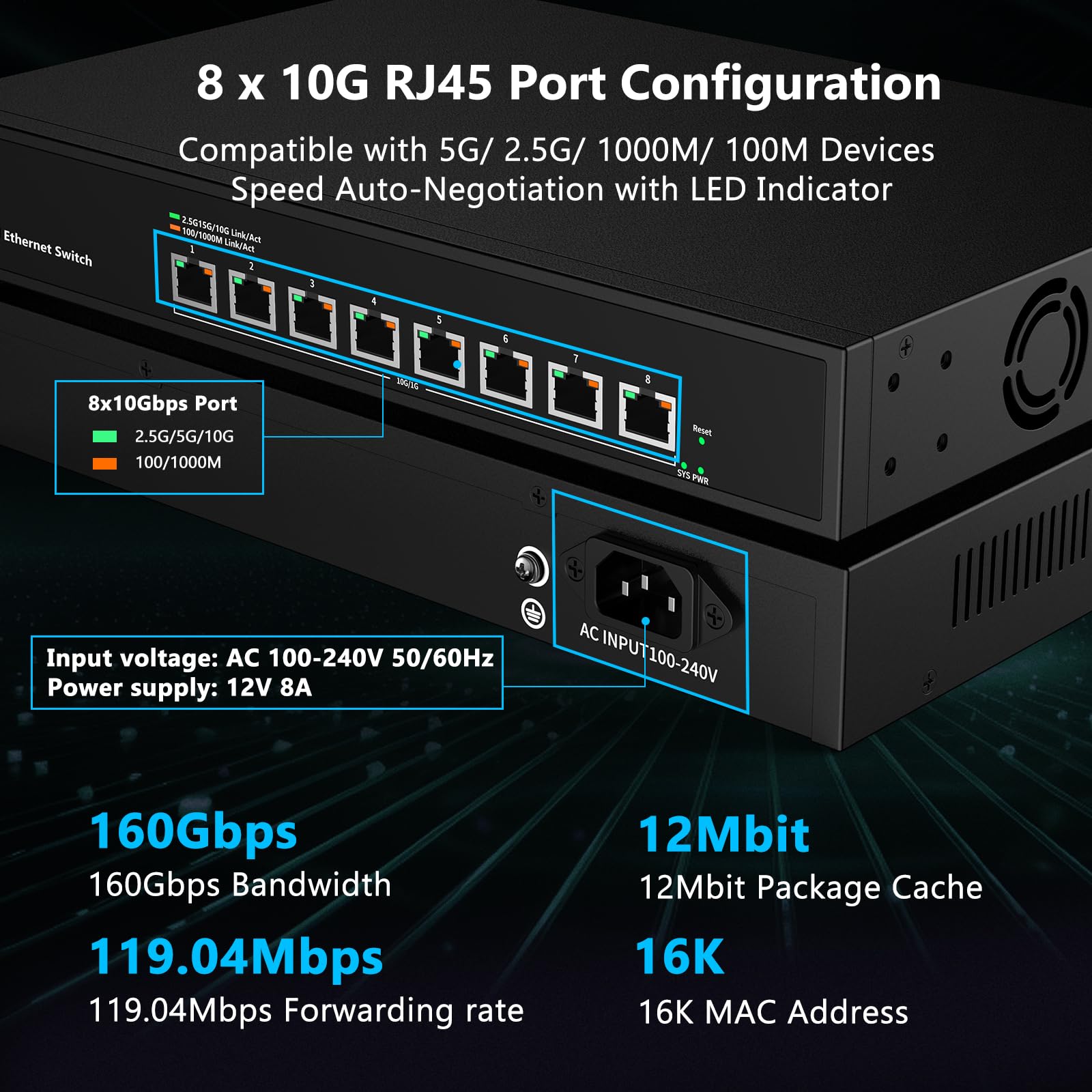 8 Port 10Gb Rj45 Web Managed Network Ethernet Switch With 8 X 10G Base T Port | 10 Gigabit Multi Gig Swicth Support 10G 5G 2.5G