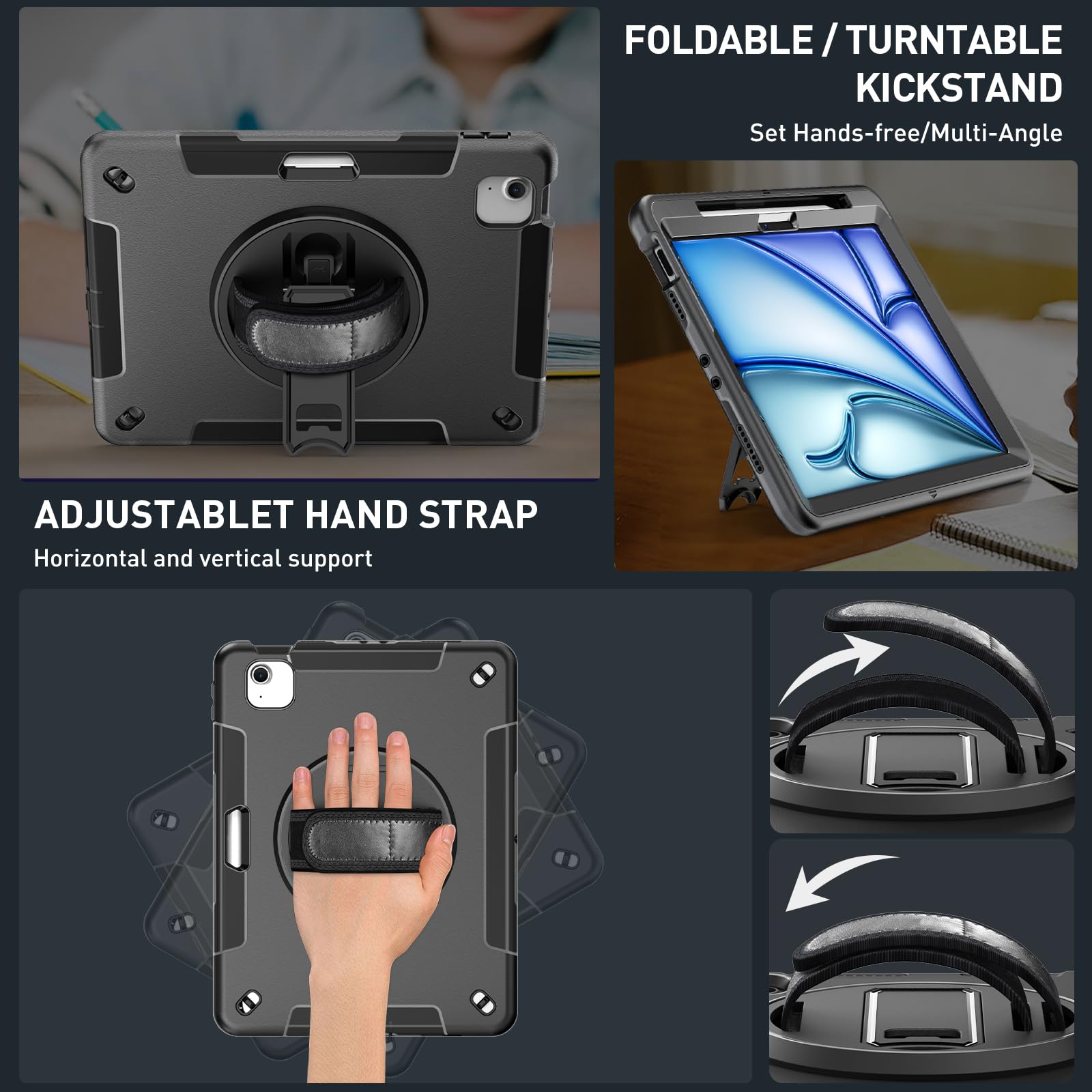 Supfives Case For Ipad Air 11 Inch Case 2024 (6Th Generation),With Screen Protector/Pencil Holder/Rotating Kickstand/Hand Strap/