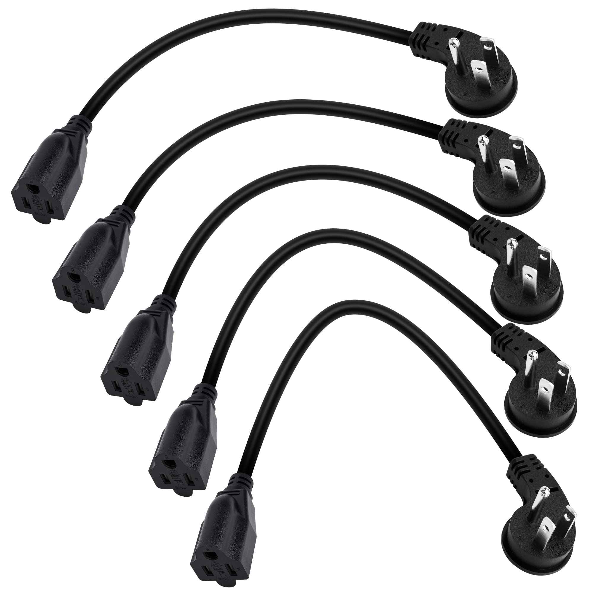 8 Inch Short Power Extension Cord 5Pack,45 Degree Low Profile Flat Plug 3 Prong Male To Female Heavy Duty Grounded Power Extensi