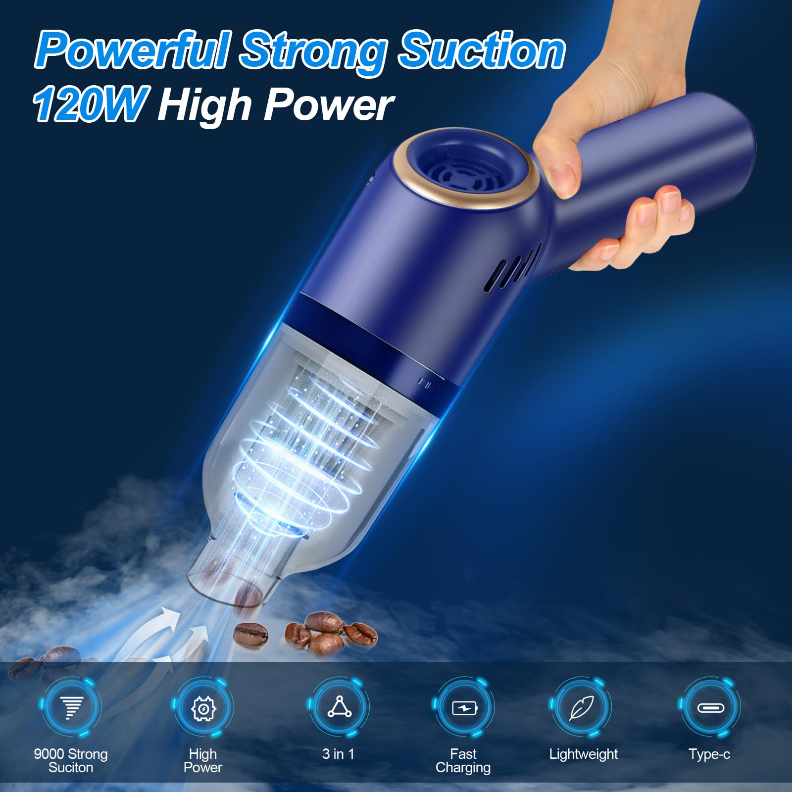 Suncandxy Handheld Vacuum Cordless: Car Vacuum Portable Cordless 120W High Power With Strong Suction Mini Vacuum 3 In 1 Portable