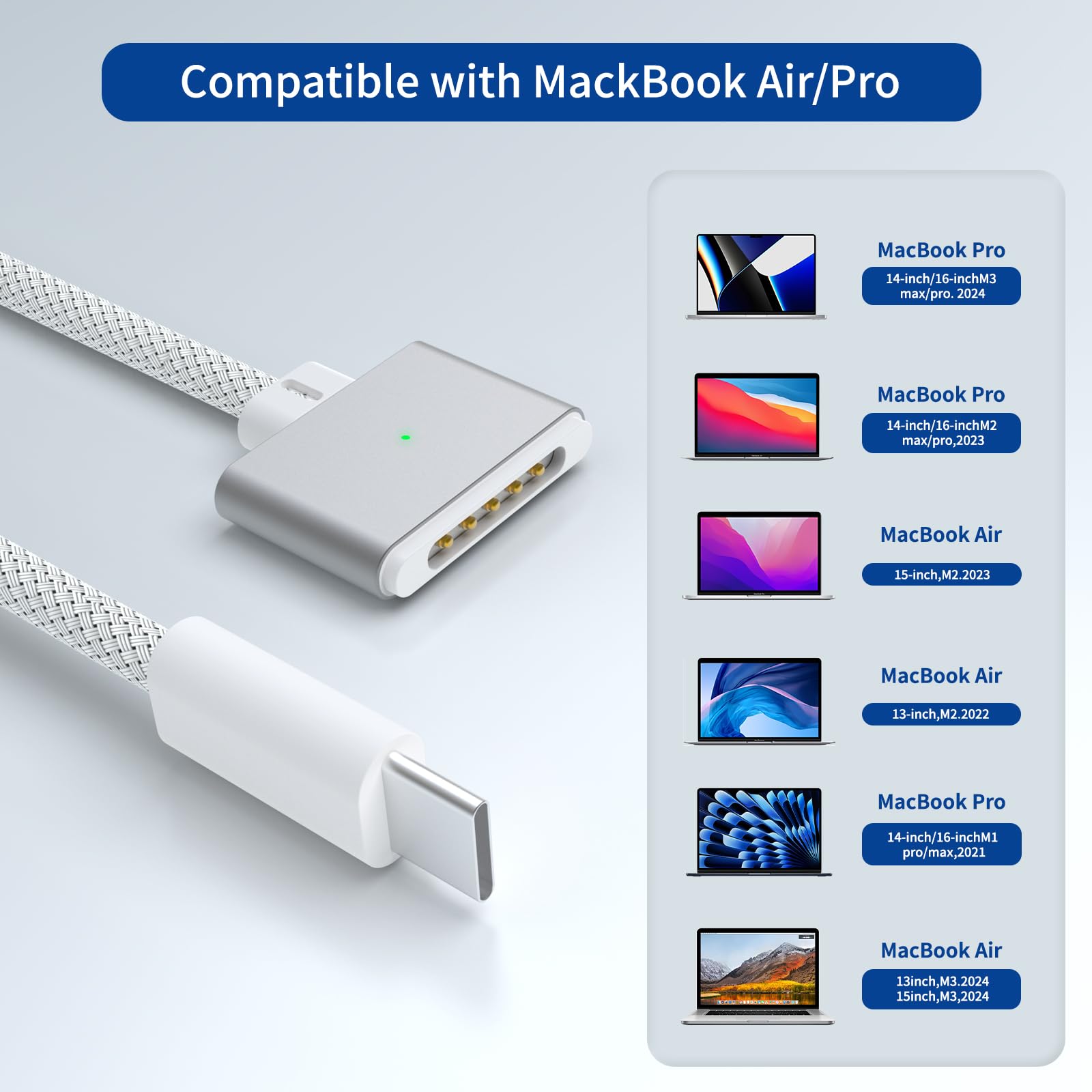 Ybsgo 140W Usb C To Magnetic 3 Cable,6.6Ft/2M Magnetic Charging Cable For Macbook Air 2024 M3 13/15Inch,Macbook Air 2022/2023 M2