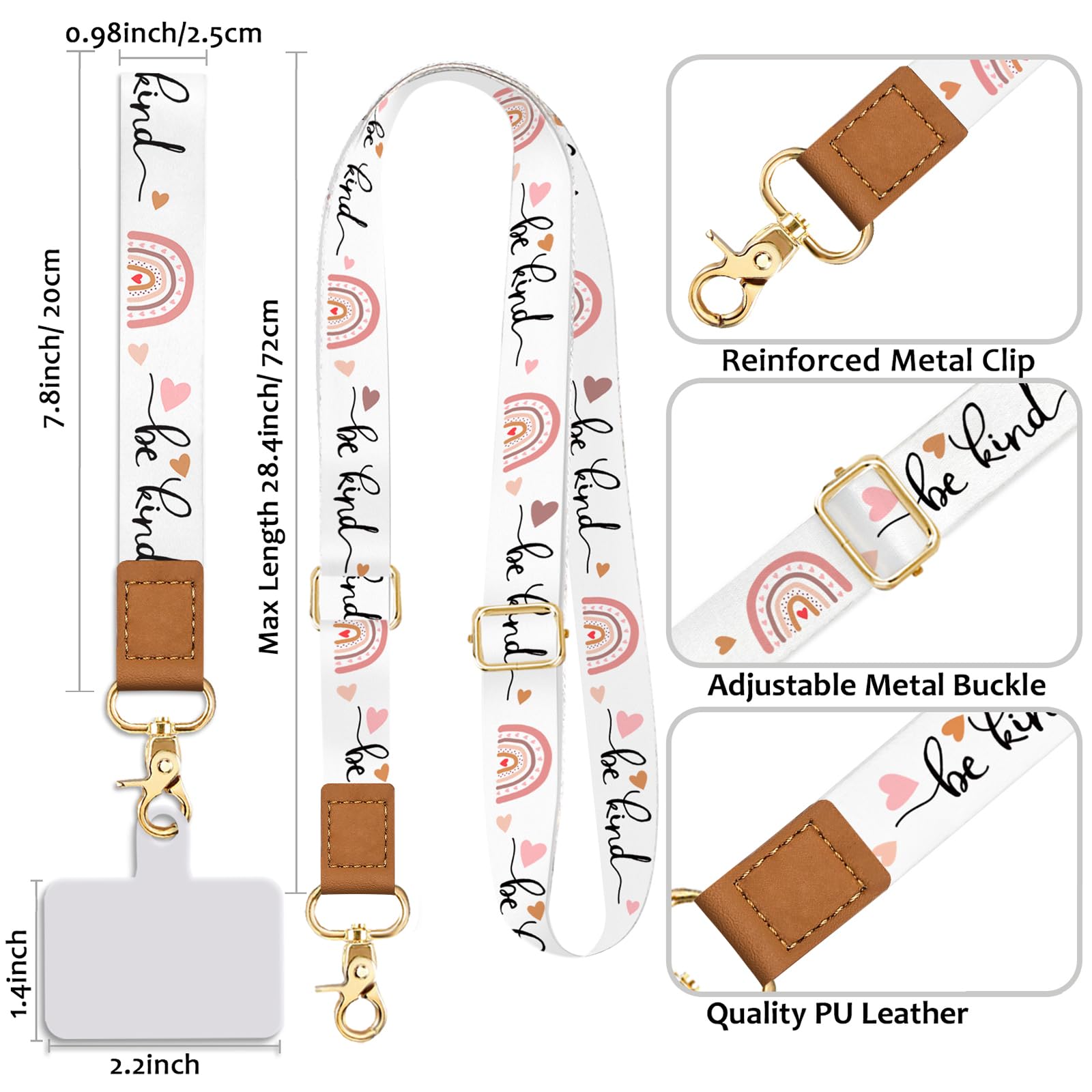 Phone Lanyard Wrist Strap Crossbody, Be Kind Cell Phone Lanyard For Around The Neck Wristlet Adjustable Phone Strap, Rainbow Cut