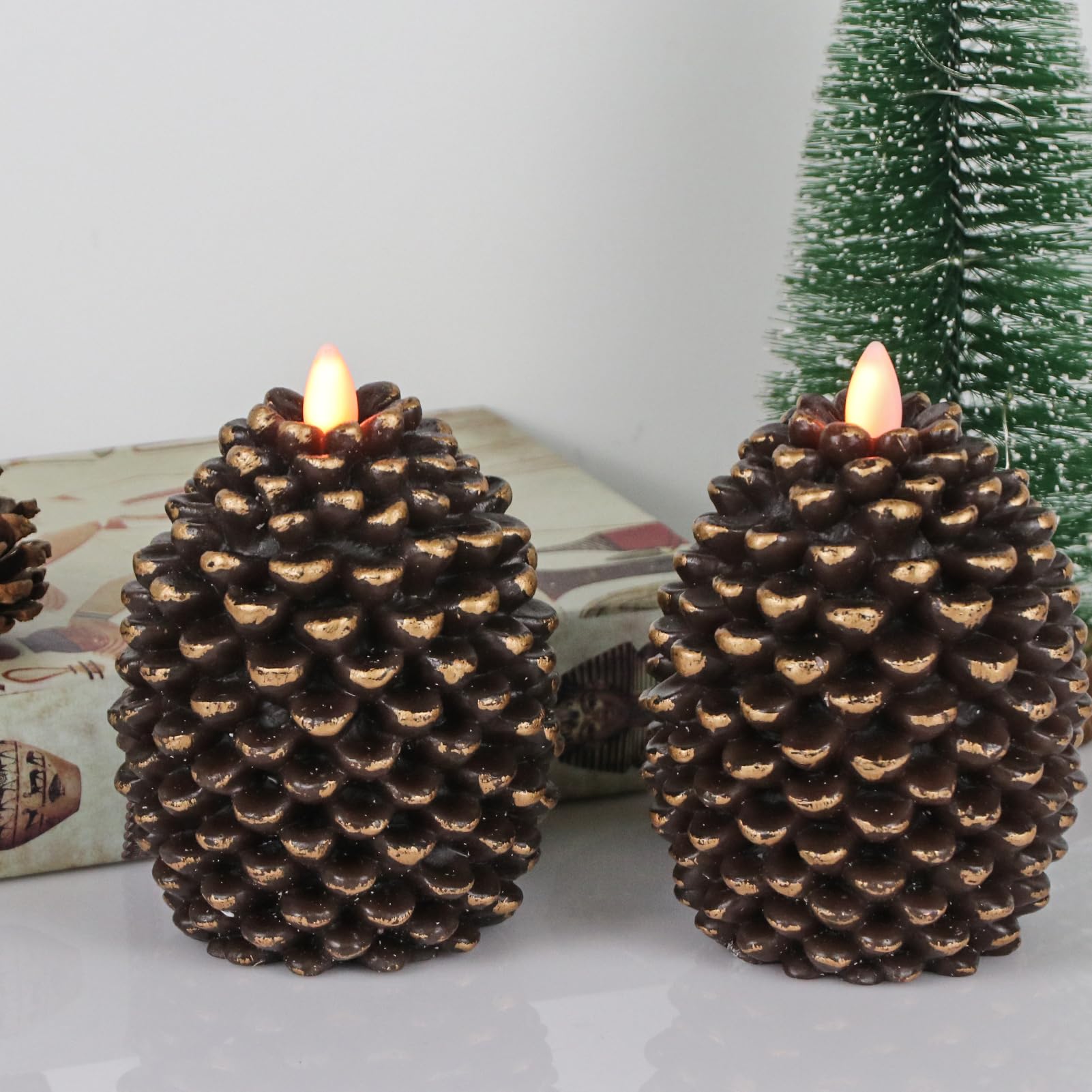 Dromance Flameless Pinecone Candles Battery Operated With 6 Hour Timer Set Of 2 Real Brown Wax Flat Wick Led Flickering Pillar C