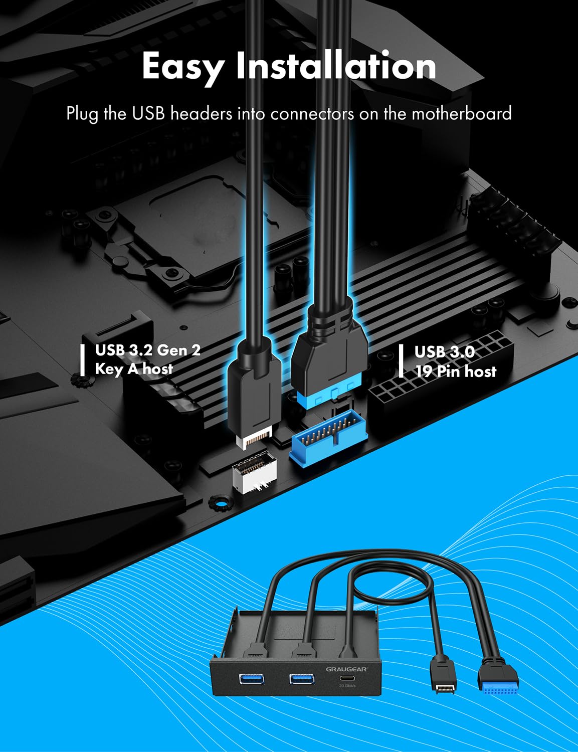 Graugear 3.5 Inch Front Panel Usb Hub, Internal Usb Hub With 20Gbps Usb3.2 Gen2 Usb C And Usb 3.0 Ports, 20 Pin Type E Key A Hea