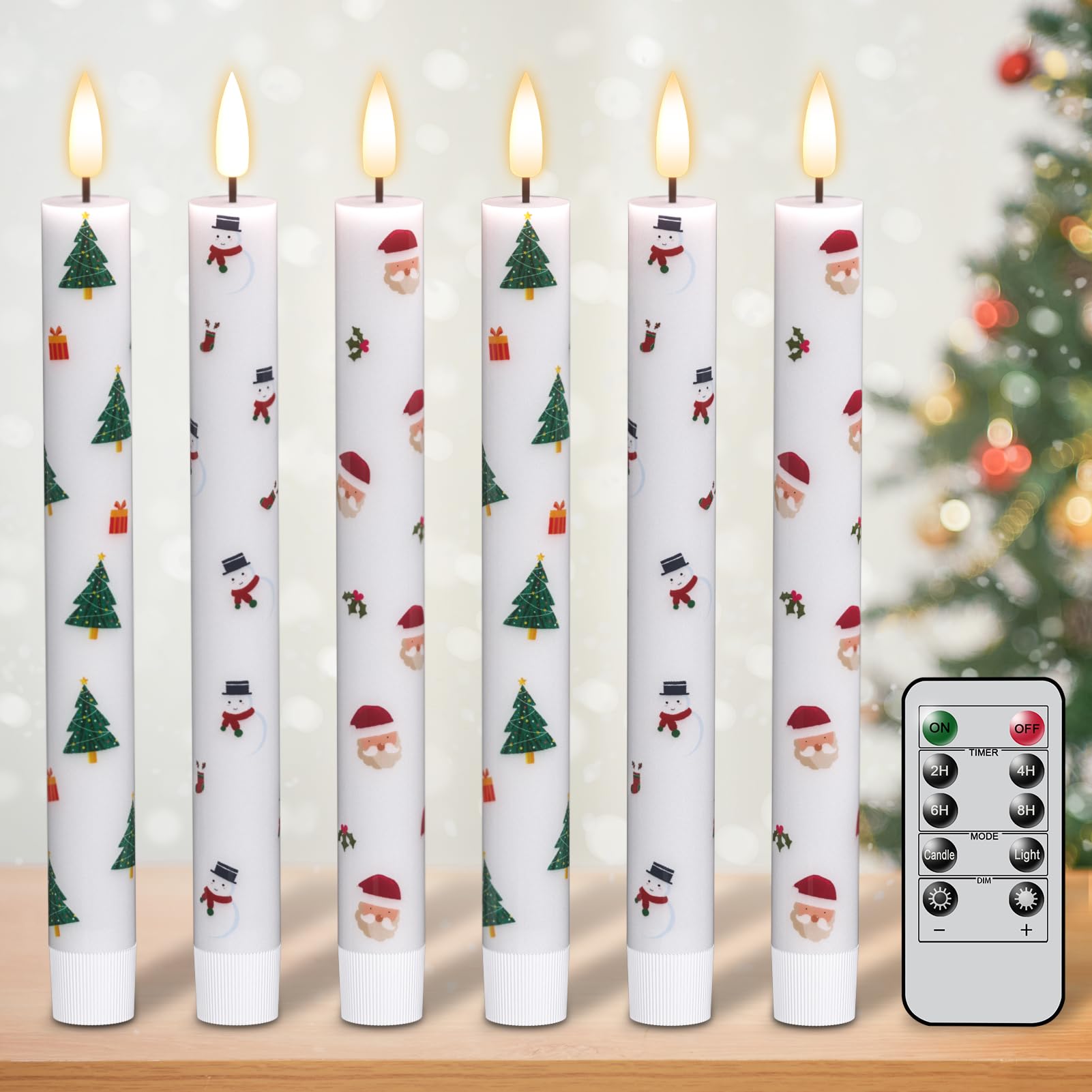 Kunswenn Christmas Flameless Taper Candles With Remote Timer, 6 Pcs Christmas Candlesticks With Christmas Tree Snowmans Santa De