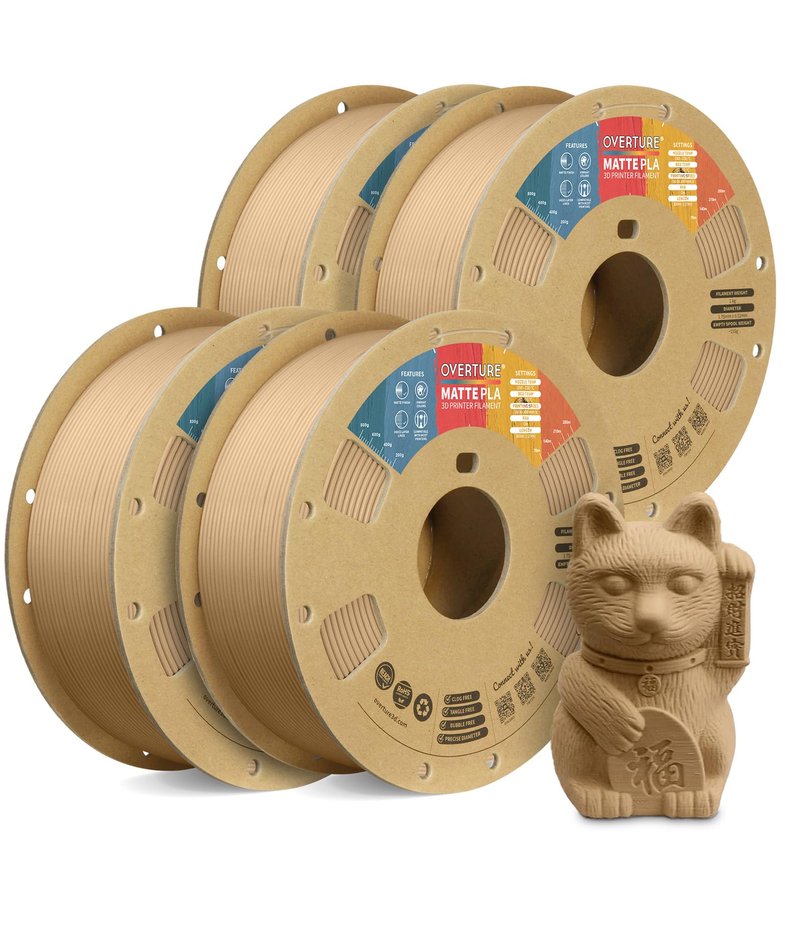 OVERTURE 4KG Bundle Matte PLA 3D Printer Filament 1.75mm, Matt Surface & Low Warping Filament 4 Pack 1kg Spool (2.2 lbs), Fit Mo