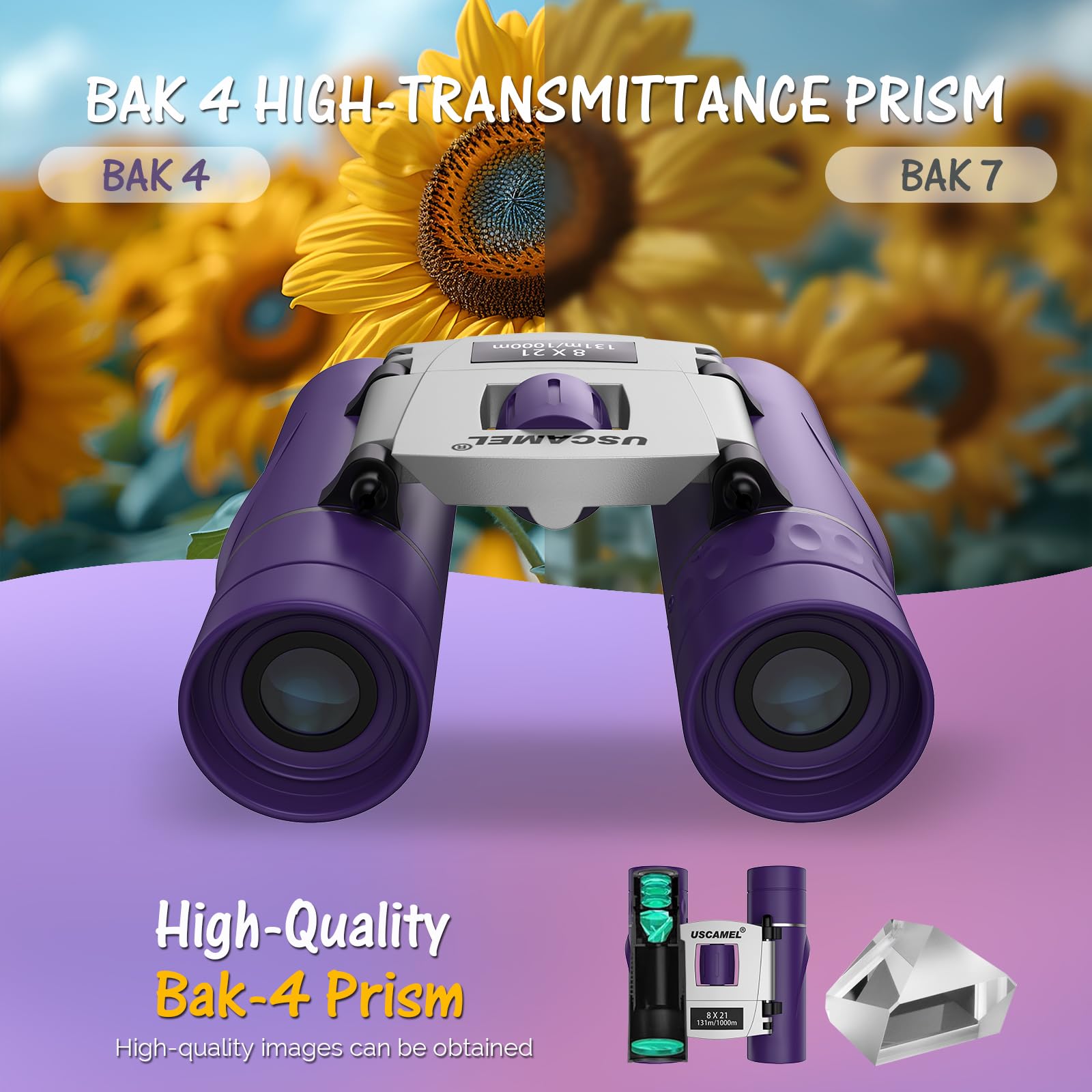 Uscamel Binoculars Kids And Adults, 8  21 Compact Waterproof Binoculars Mini Travel Binocular (Purple)