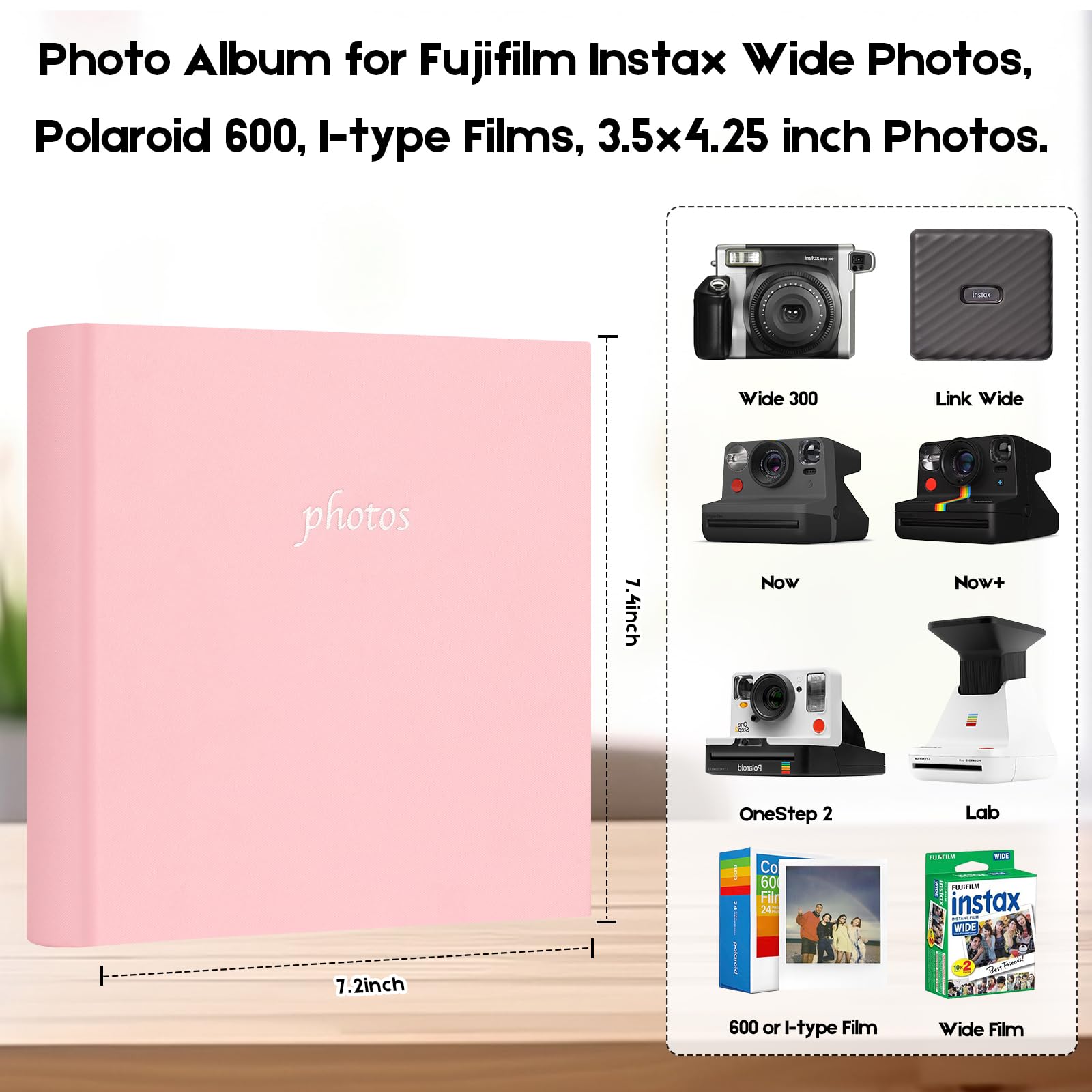 Photo Album For Fujifilm Instax Wide 300 Camera,120 Pockets Photo Album With Writing Space For Polaroid, Extra Large Picture Albums For Polaroid Now Onestep2 Onestep+ Instant Camera (Pink)